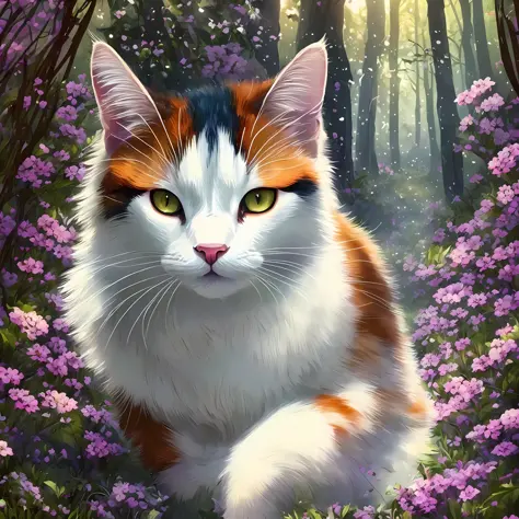 A magical forest in Narnia, a calico cat, a female cat. The style is nostalgic and realistic --auto --s2