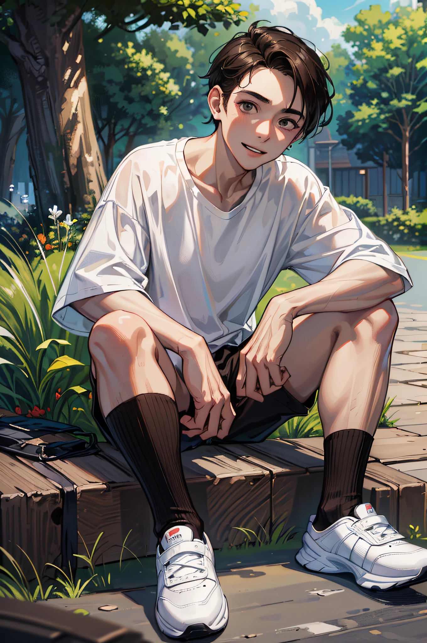 (absurdres, highres, ultra detailed, HDR), masterpiece, best quality, 1boy, solo, handsome, dark brown hair, finely eye and detailed face, forehead, ((loose white t-shirt)), ((shorts)), sneaker, (pale and white skin), look at viewer, ear piecing, , smile, sitting on bench, park in background, full body view