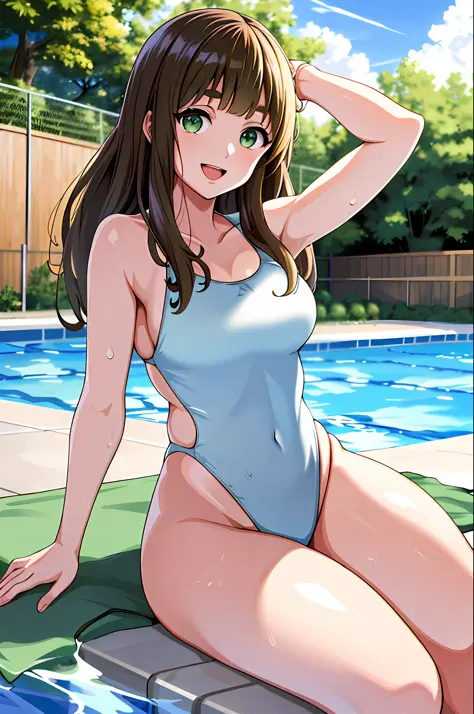 masterpiece, Best quality, Hi-Res, yuuko1, 1girl, Solo, Green eyes, Long hair, Bangs, Eyebrows, One Piece Swimsuit, Poolside, Open mouth, Smile, Wet,
