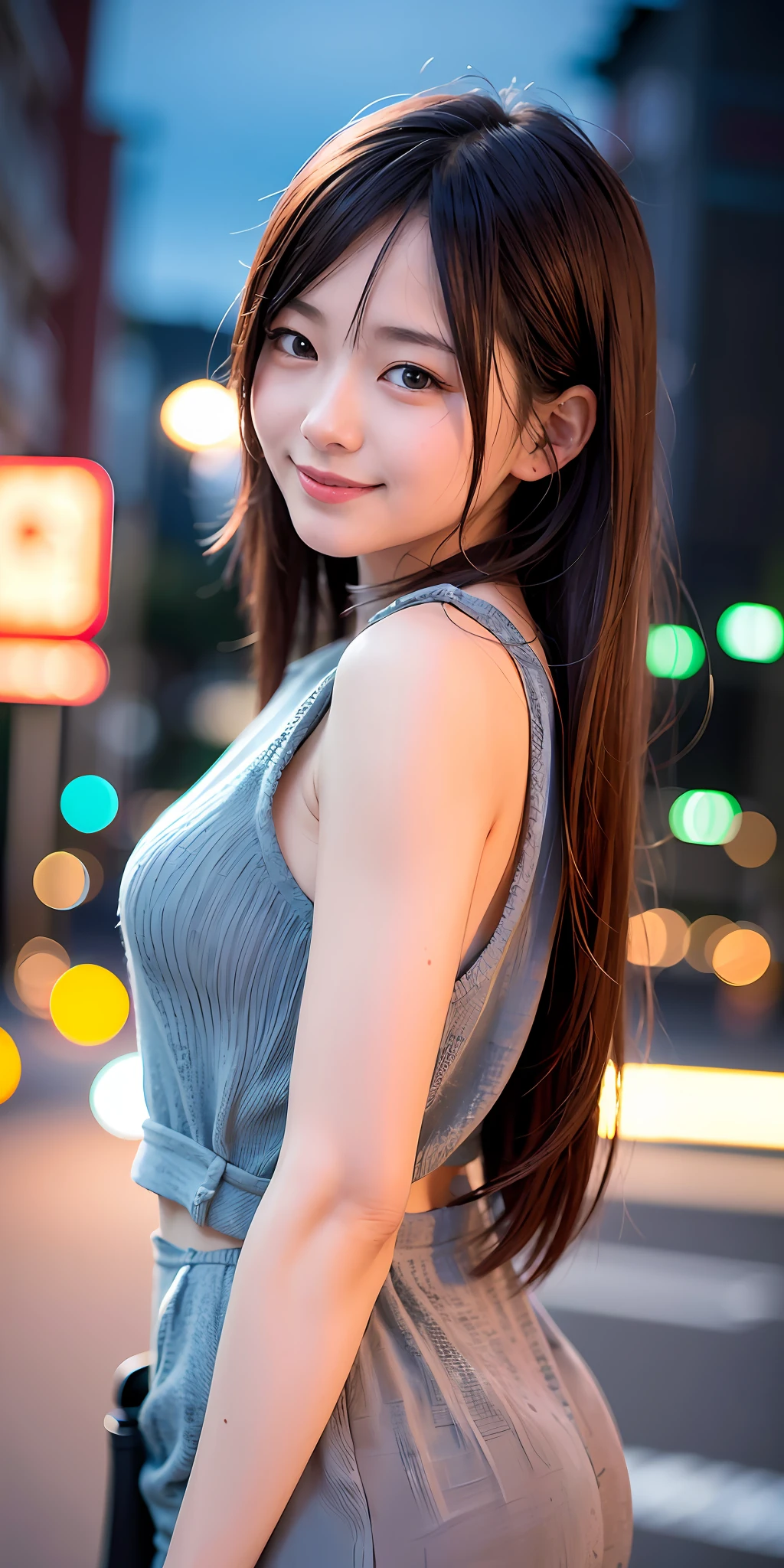 1girl, Tokyo street,night, cityscape,city lights,upper body,close-up,smile,, (8k, RAW photo, best quality, masterpiece:1.2),(realistic, photo-realistic:1.37),