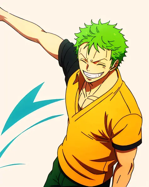 {{masterpiece}},best quality,illustration,1 man,zoro from one piece,zoro, one piece,short hair,green hair,cute,detail,smiling