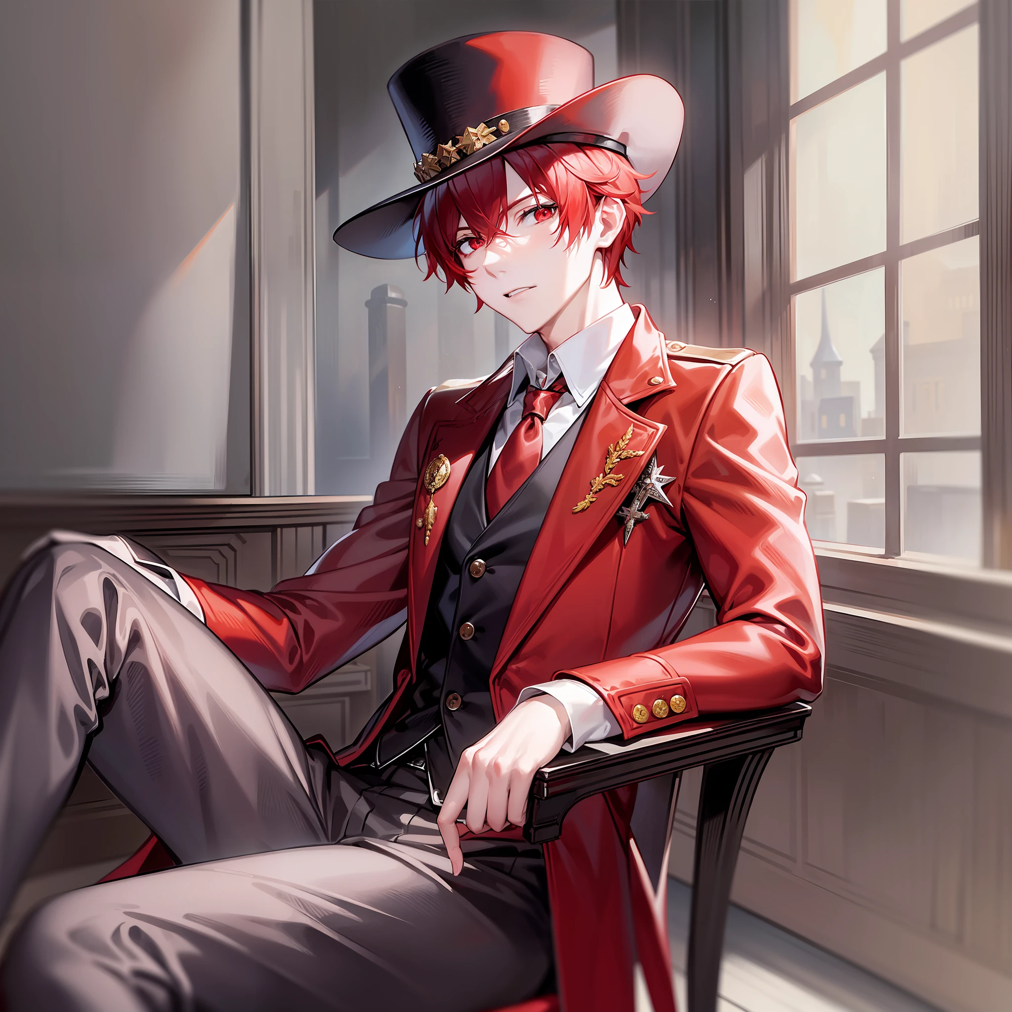 Young man, red eyes, short red hair, pale skin, red coat, red top hat, red gloves, sitting on chair, in a dark room, looking at the viewer, solo, cowboy shot, masterpiece