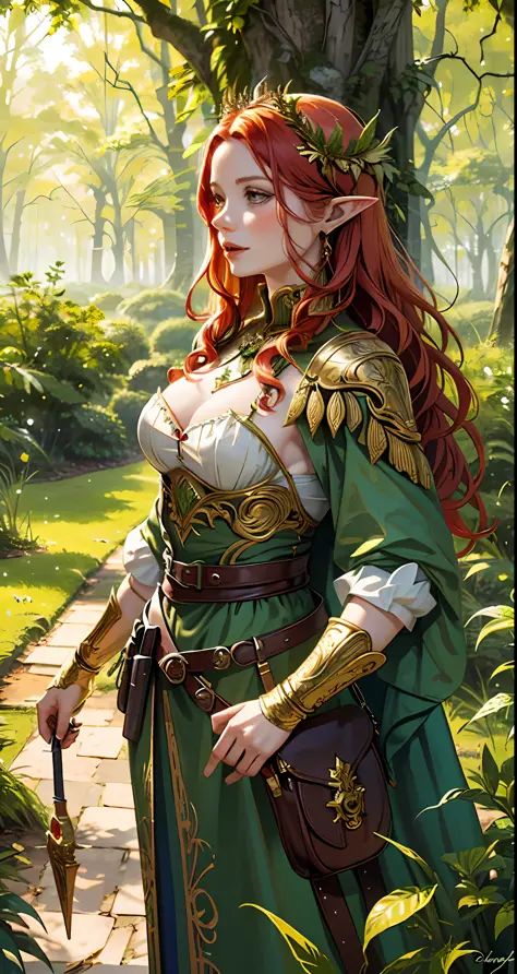 A picture of a woman with red hair and green dress, dress made of leaves, delicate golden pattern, goblin queen of summer forest...
