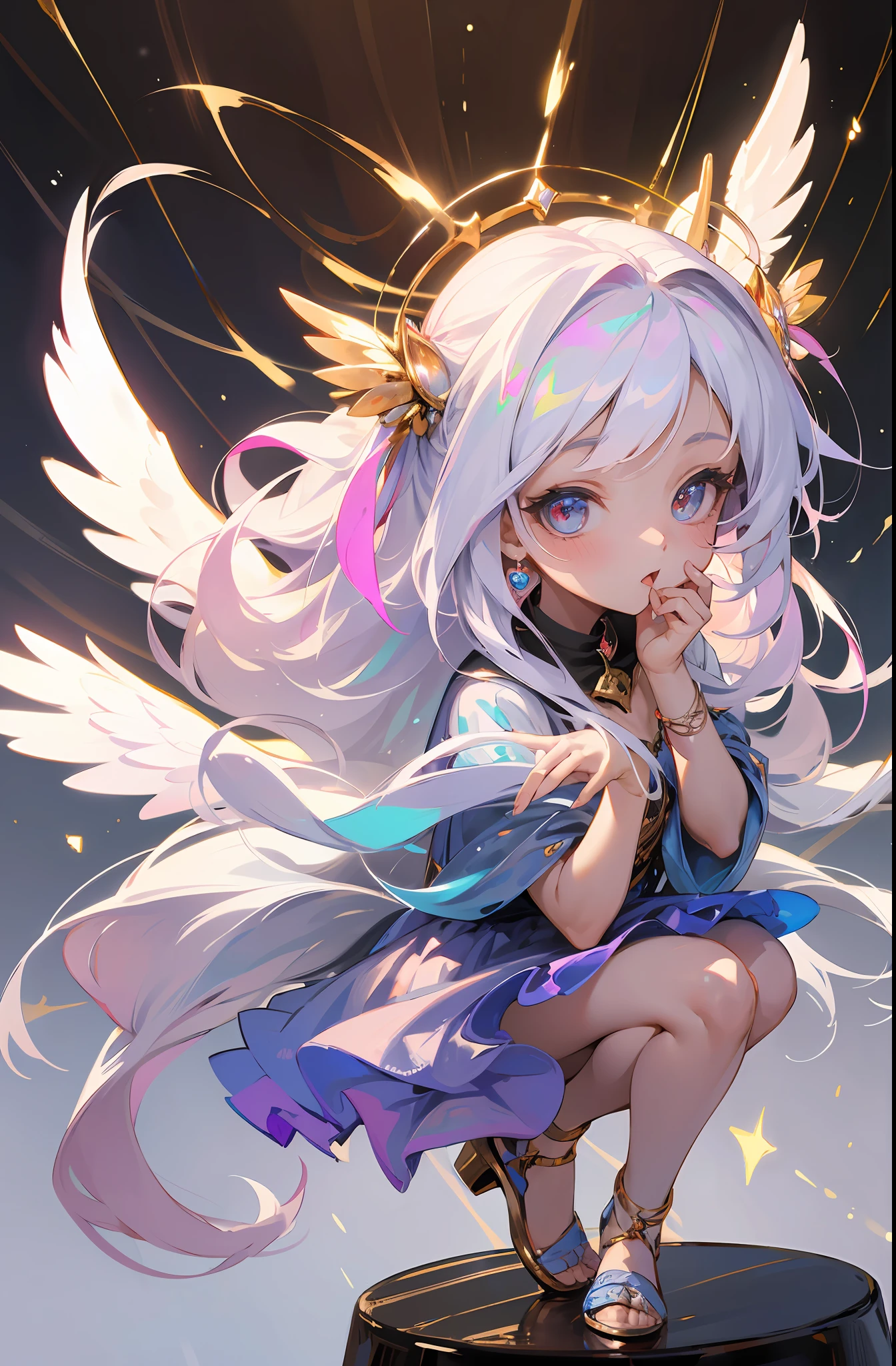 (Chibi: 1.3) (Masterpiece: 1.4), (Best Quality: 1.4), (Very Cute Angel Girl, Super Detailed Face, Jewel-like Eyes, White Very Long Hair, Colorful Gradient Hair: 1.4), (Angel Ring:
1.4), (Angel Wings: 1.4), (Full body, perfect 2 arms, perfect 2 legs: 1.4), Perfect 4 fingers: 1 thumb, light, shine, bokeh, super fine