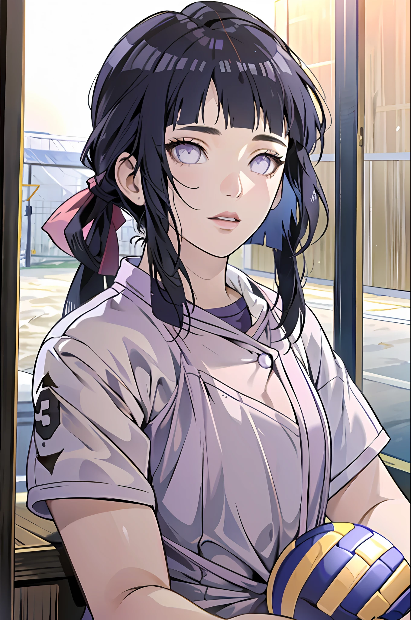 masterpiece, (ultra-detailed), 8K, ultra high res, (1girl), finely detailed beautiful eyes, dark blue hair, small breasts, purple eyes, light on face, light on body, solo, ((masterpiece)), sunshine light, stadium, (((volleyball))), (((volleyball player outfit))), (playing volleyball), hinata/(boruto/) , blunt bangs, ponytail, from front