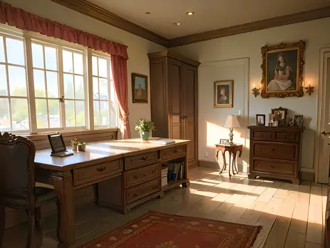 european castle bedroom, a soft bed, a coffee table, bedside table, vase, hanging paintings, dressing table, square glass window...