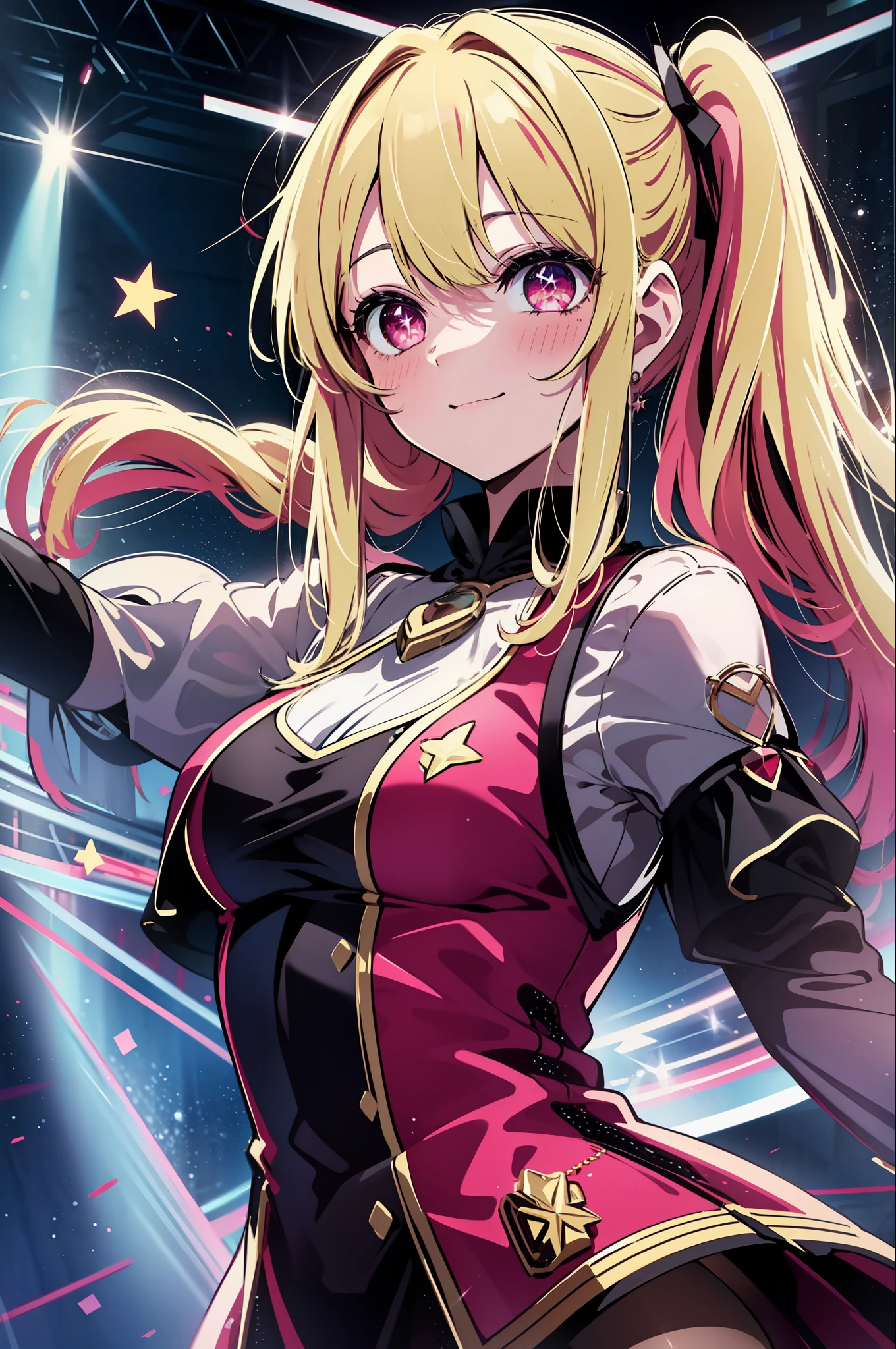 1girl, solo,  Hoshino Ruby, symbol-shaped pupils, (left star-shaped pupils:1.2), sparkling eyes, (star in left eye:1.2), symbol in eye, red eyes, long hair, blonde hair, bangs, blush, (side ponytail:1.1), (dress:1.2), on the stage, idol, dancing, spotlight, smile, (masterpiece:1.2), highres, best quality, 8k, very clear,