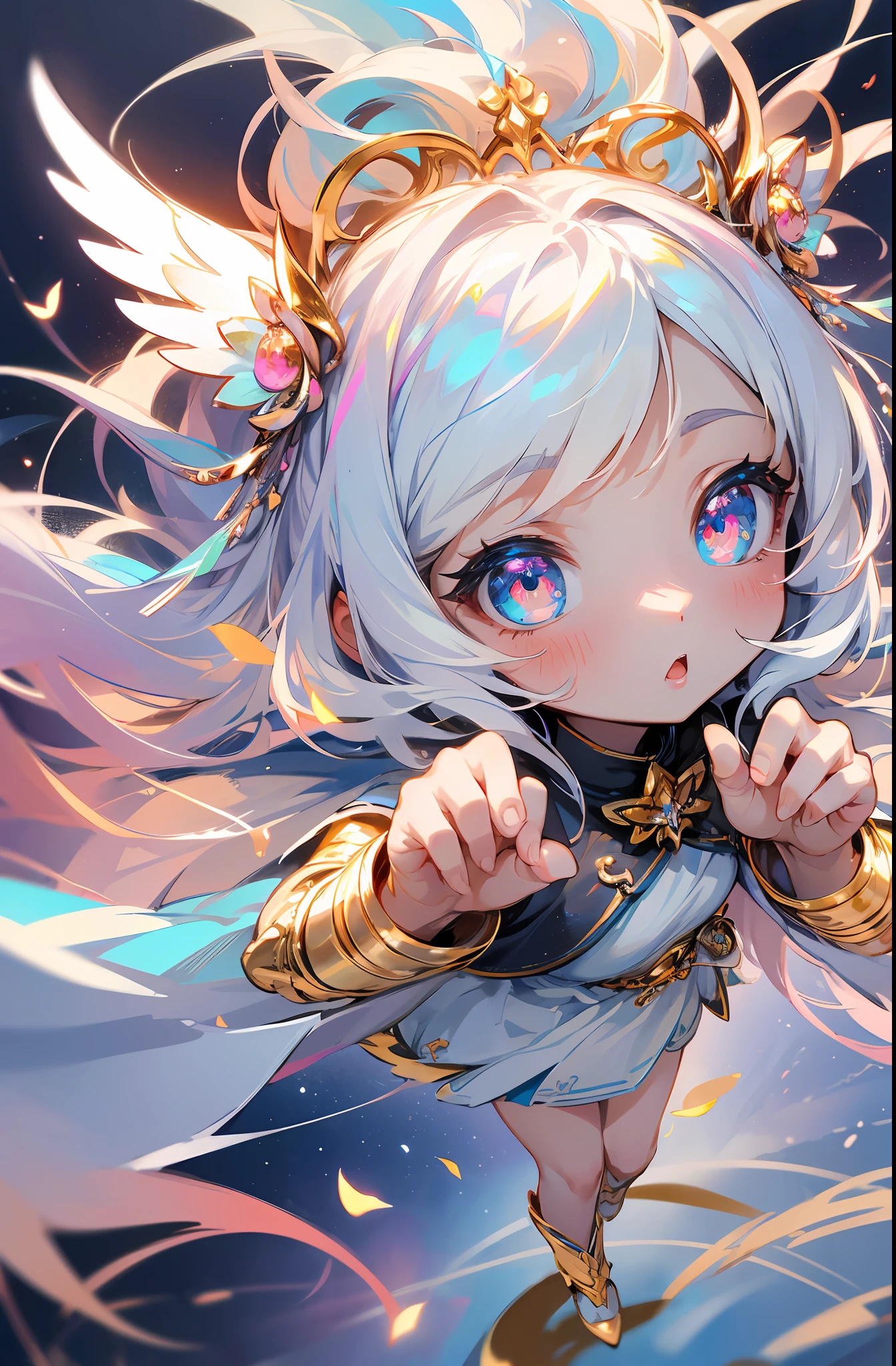 (Chibi: 1.3) (Masterpiece: 1.4), (Best Quality: 1.4), (Very Cute Angel Girl, Super Detailed Face, Jewel-like Eyes, White Very Long Hair, Colorful Gradient Hair: 1.4), (Angel Ring:
1.4), (Angel Wings: 1.4), (Full body, perfect 2 arms, perfect 2 legs: 1.4), (Perfect 4 fingers: 1 thumb), light, shine, bokeh, super fine