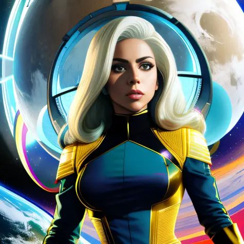 Lady Gaga, Star Trek style commander, background overlooking planet earth, clear futuristic environment