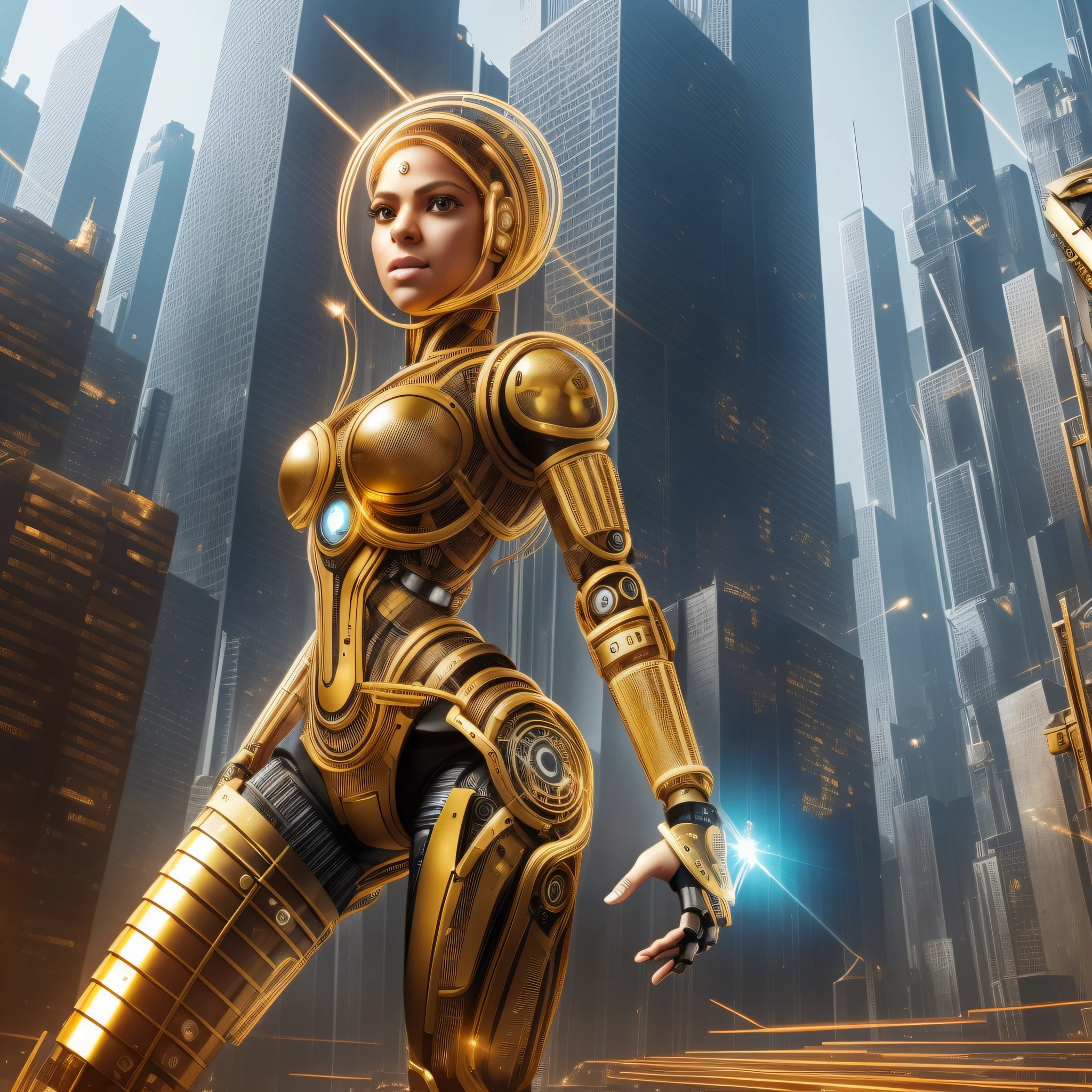 1 機器人女人, 夏奇拉的臉, 機身附有金屬部件, 機器人手臂和腿, 身體旁的金線和齒輪, 臉上有微晶片, 未来城市背景,