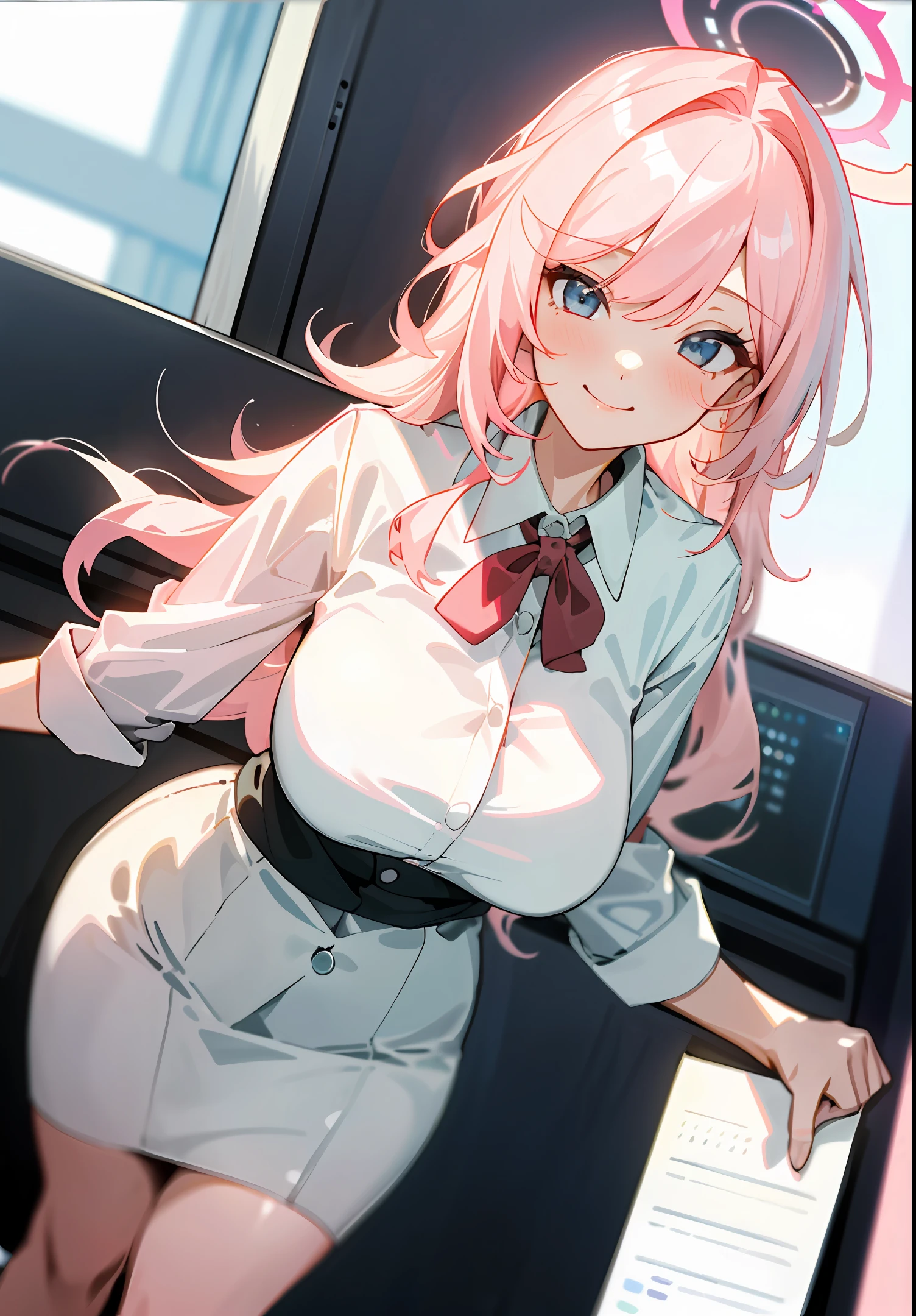 Anime girl with pink hair and blue eyes posing in front of a computer -  SeaArt AI