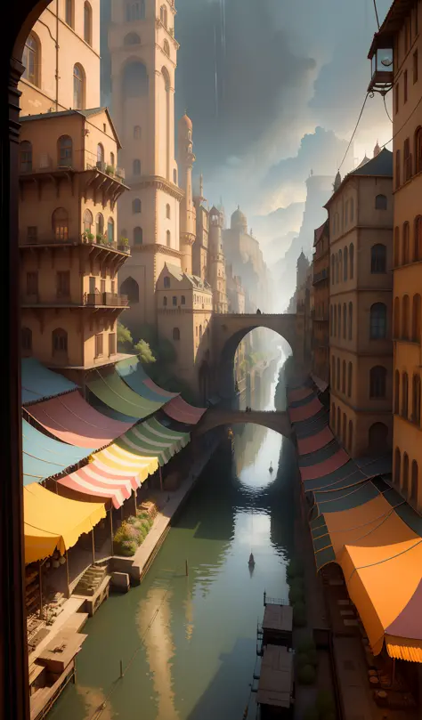 ((Excellent masterpiece)),((First-class picture quality)),((High detail)),((Hyperreal,)) Industrial age city, deep valley in the middle, building streets, bazaars, bridges, rainy days, steampunk, European architecture.