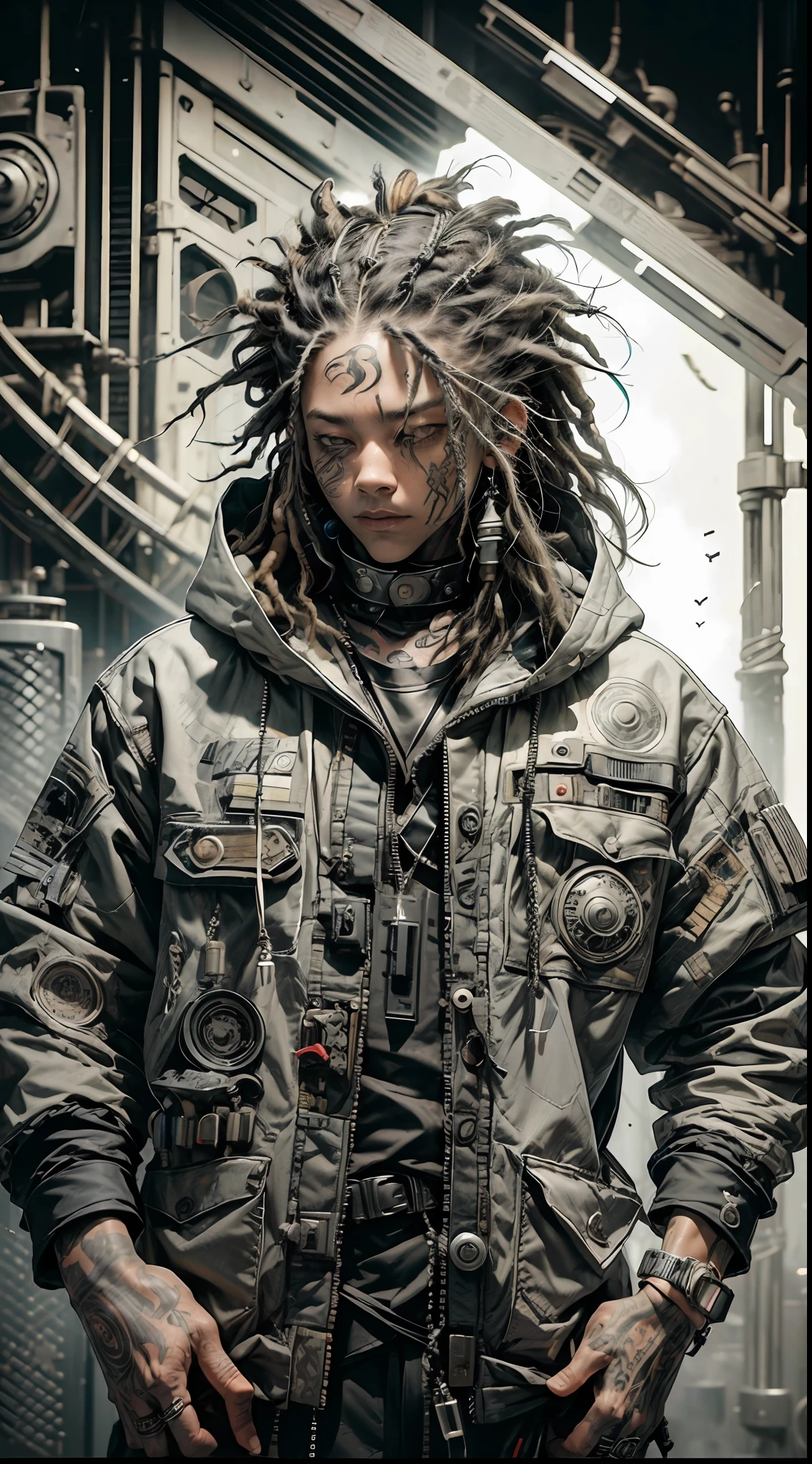 raw photo,fisheye(rapper with dread hair, tattoos,mechanic arms)techwear jacket,hood,black and white clothes,very detailed,cinematic,glow,ultra sharp,particles