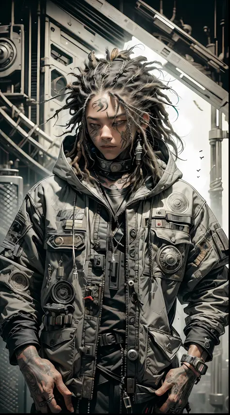 raw photo,fisheye(rapper with dread hair, tattoos,mechanic arms)techwear jacket,hood,black and white clothes,very detailed,cinem...
