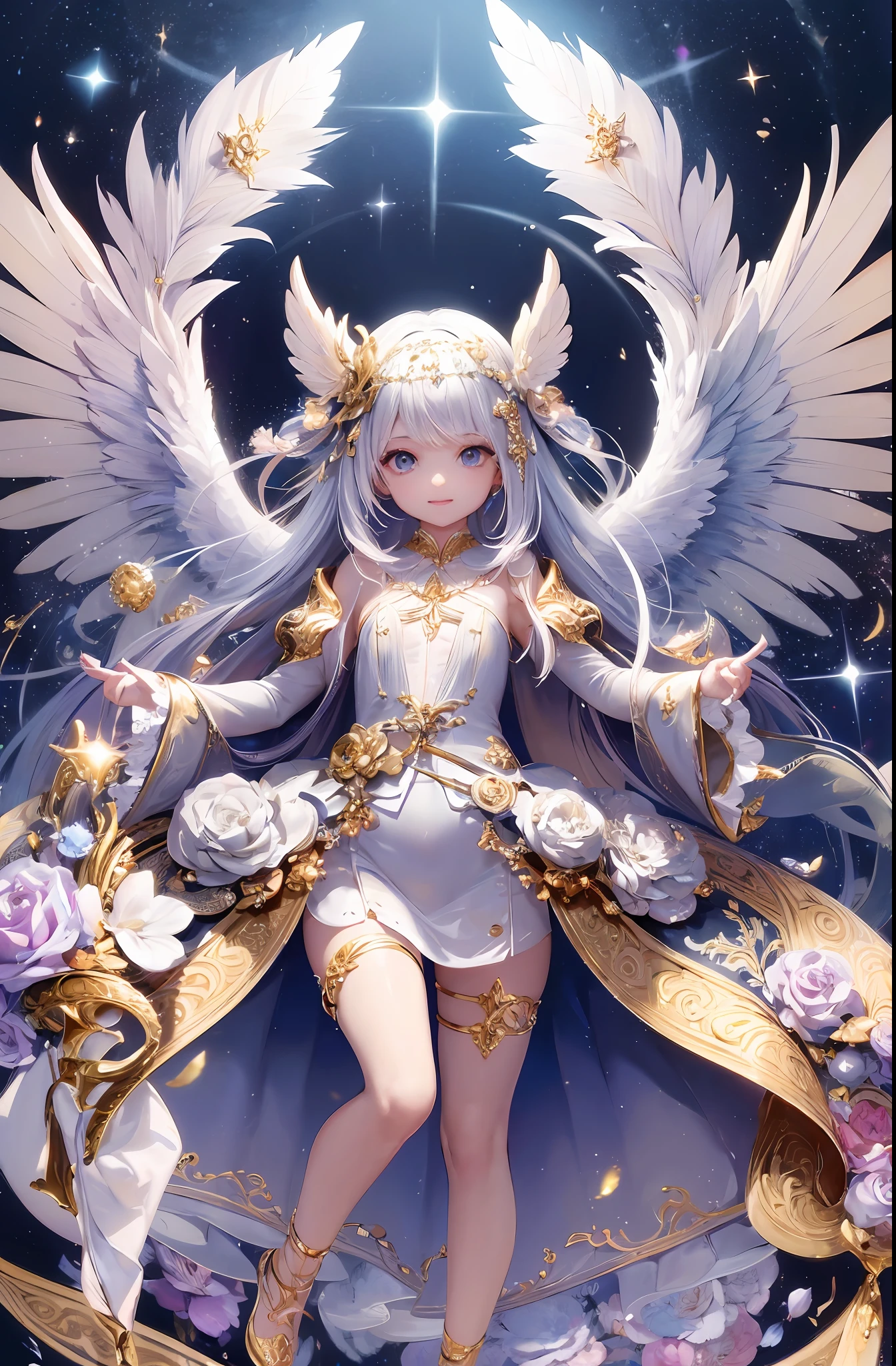 (Chibi: 1.2), (Masterpiece: 1.4), (Best Quality: 1.4), (Very Cute Angel Girl, Super Detailed Face, Jewel-like Eyes, White Very Long Hair, Colorful Gradient Hair: 1.4), (Angel Ring:
1.4), (Angel Wings: 1.4), (Full body, perfect 2 arms, perfect 2 legs: 1.4), (Perfect 4 fingers: 1 thumb), light, shine, bokeh, super fine