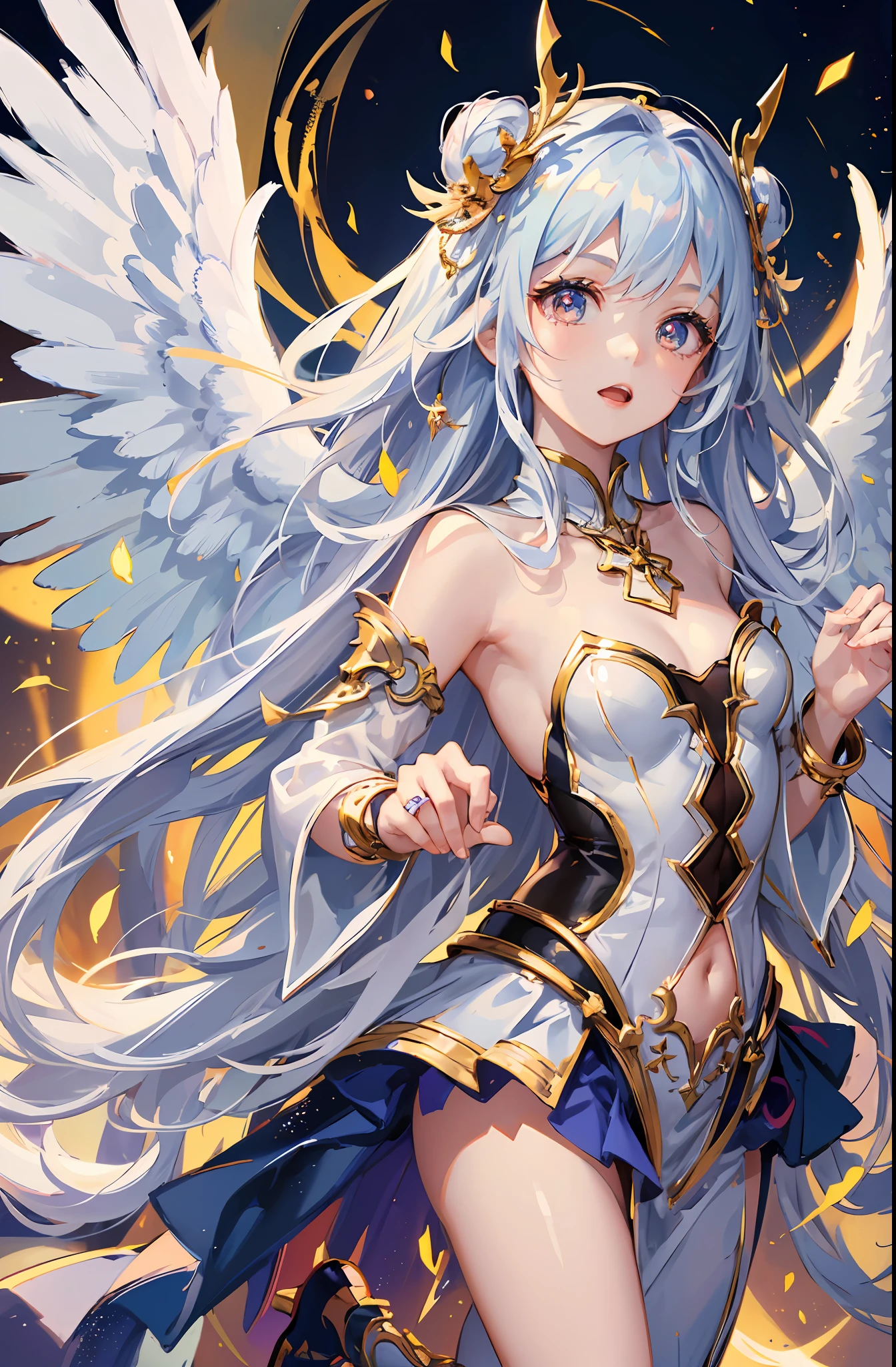 (Chibi: 1.2), (Masterpiece: 1.4), (Best Quality: 1.4), (Very Cute Angel Girl, Super Detailed Face, Jewel-like Eyes, White Very Long Hair, Colorful Gradient Hair: 1.4), (Angel Ring:
1.4), (Angel Wings: 1.4), (Full body, perfect 2 arms, perfect 2 legs: 1.4), (Perfect 4 fingers: 1 thumb), light, shine, bokeh, super fine