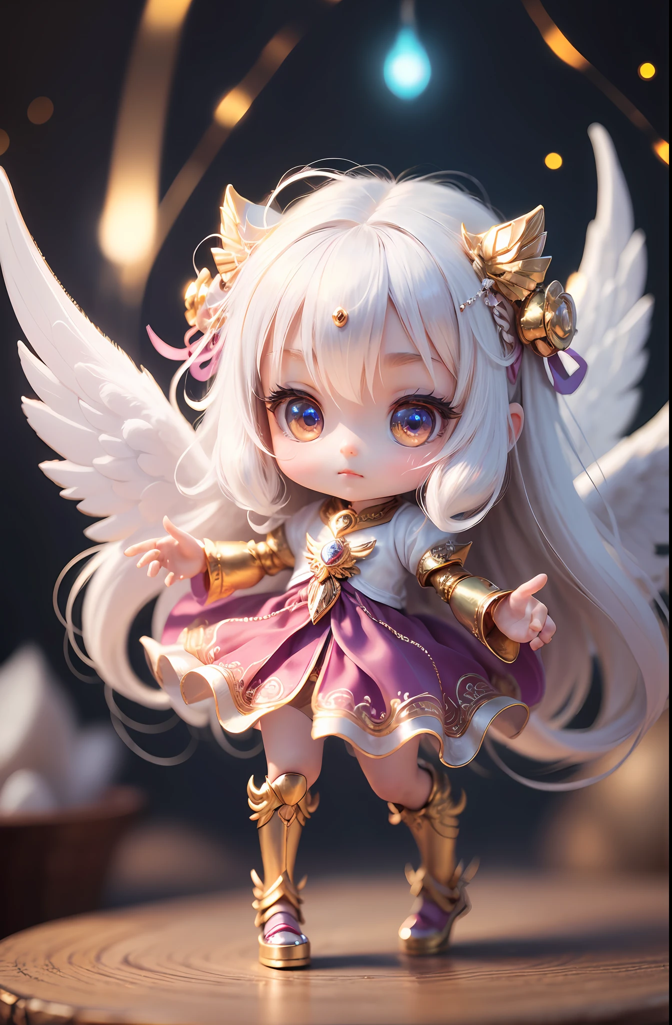 (Chibi: 1.2), (Masterpiece: 1.4), (Best Quality: 1.4), (Very Cute Angel Girl, Super Detailed Face, Jewel-like Eyes, White Very Long Hair, Colorful Gradient Hair: 1.4), (Angel Ring:
1.4), (Angel Wings: 1.4), (Full body, perfect 2 arms, perfect 2 legs: 1.4), (Perfect 4 fingers: 1 thumb), light, shine, bokeh, super fine