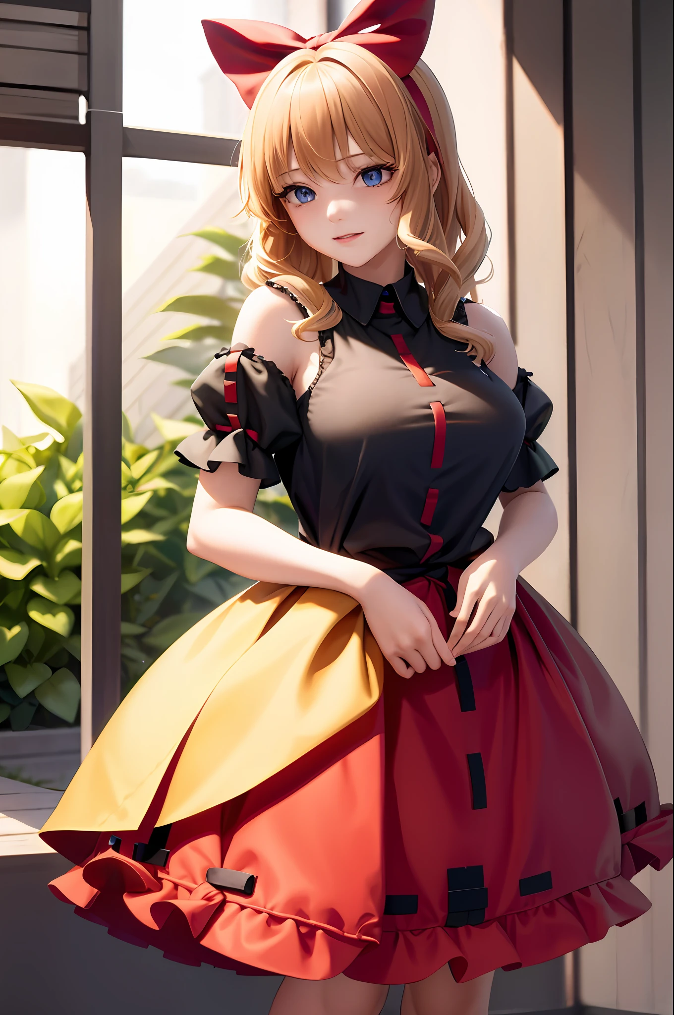 {{Masterpiece}}, {{sharp detail}}, {{tone mapping}}, {{Best Quality}}, {{High Resolution}}, {{Absurd resolution}}, Touhou, Medicine melancholy, {{shiny blonde Hair}}, {{short Hair}}, {{wavy hair}}, {{miko clothes}}, {{shrine maiden}}, {{large breasts}}, {wide hips}, {thick thighs}, {blue eyes}, {{Shinto shrine}}, {{outdoors}}, {lipstick}, {{thick eyelashes}}, {{smirk}}, {{red bow}}, {{hair bow}}, {{hip vent}}, {{cowboy shot}}, {{hakama skirt}}, {{sleeveless dress}}, {{red hakama}}, {{wide sleeves}}, {{detached sleeves}}, {{black sleeves}}, {{black shirt}},