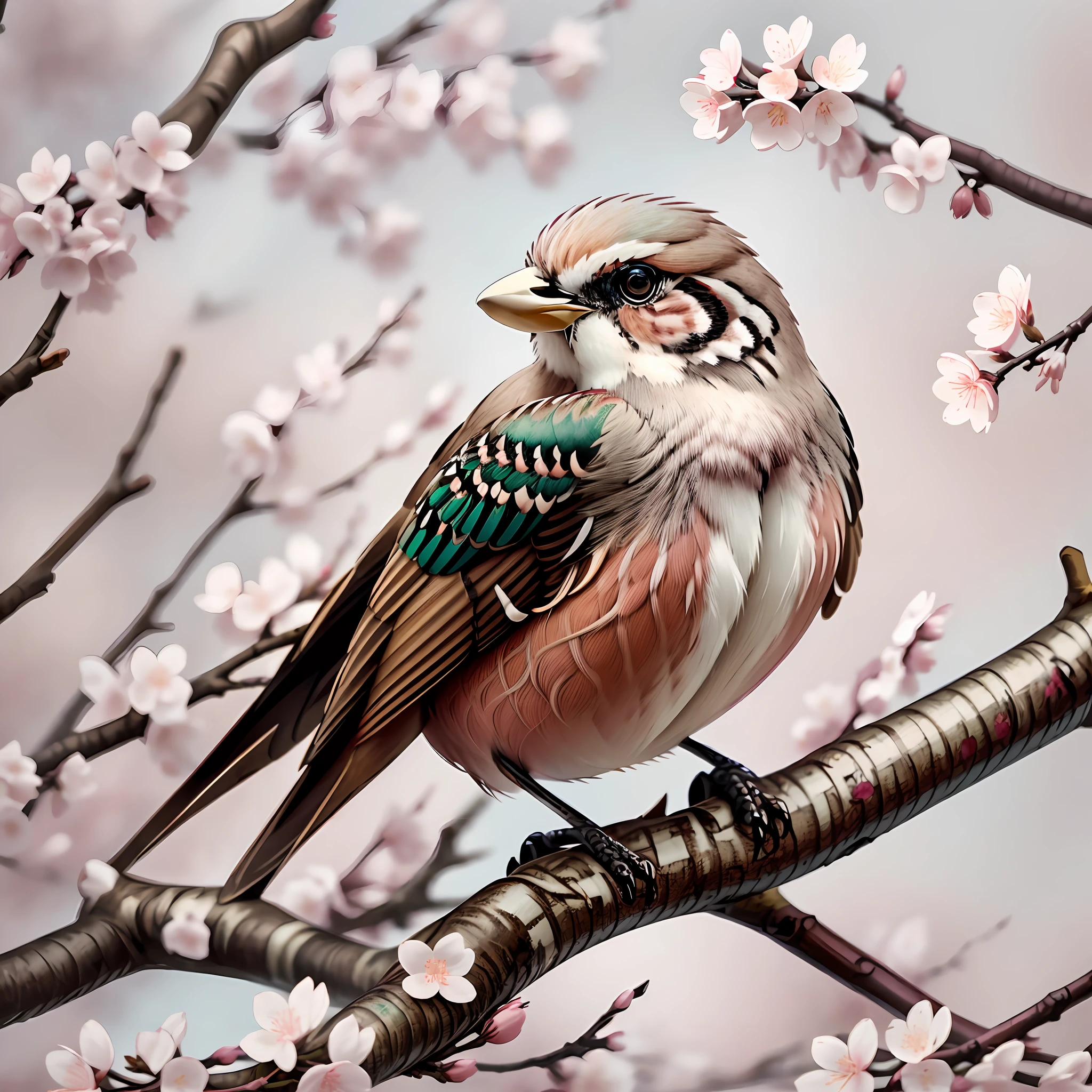 "Sparrow bird with open wings perched on a cherry blossom branch, wings spread, wings spread upwards, masterpiece of superior quality, officially beautiful art and aesthetics, realistic and detailed 8k, yang08k."