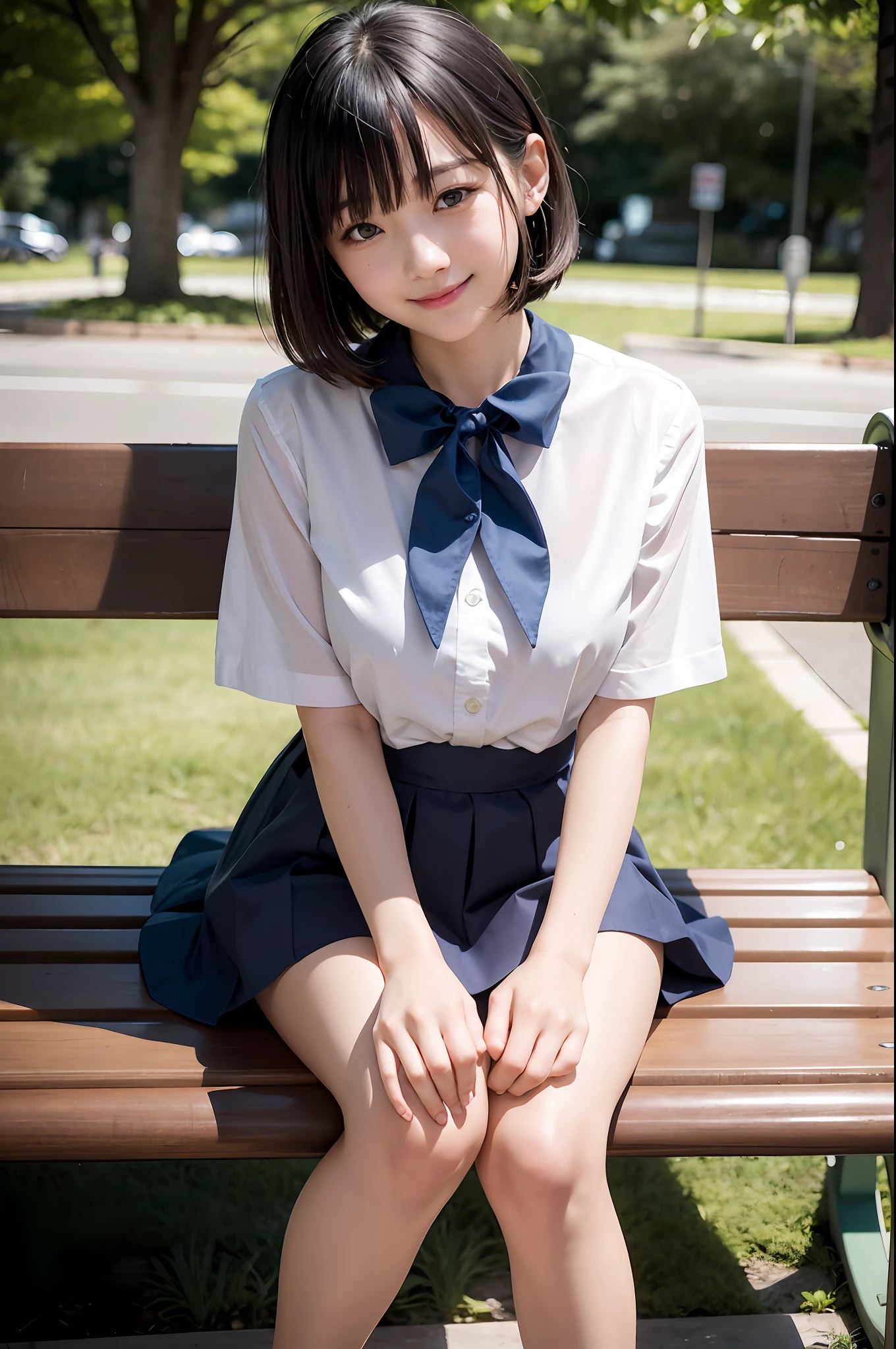 studio light, depth of field, slender, cute face, smile, beautiful detail eyes, 16 years Japan person, cute, short bob, sitting on park bench, white blouse, dark blue tight skirt, full body