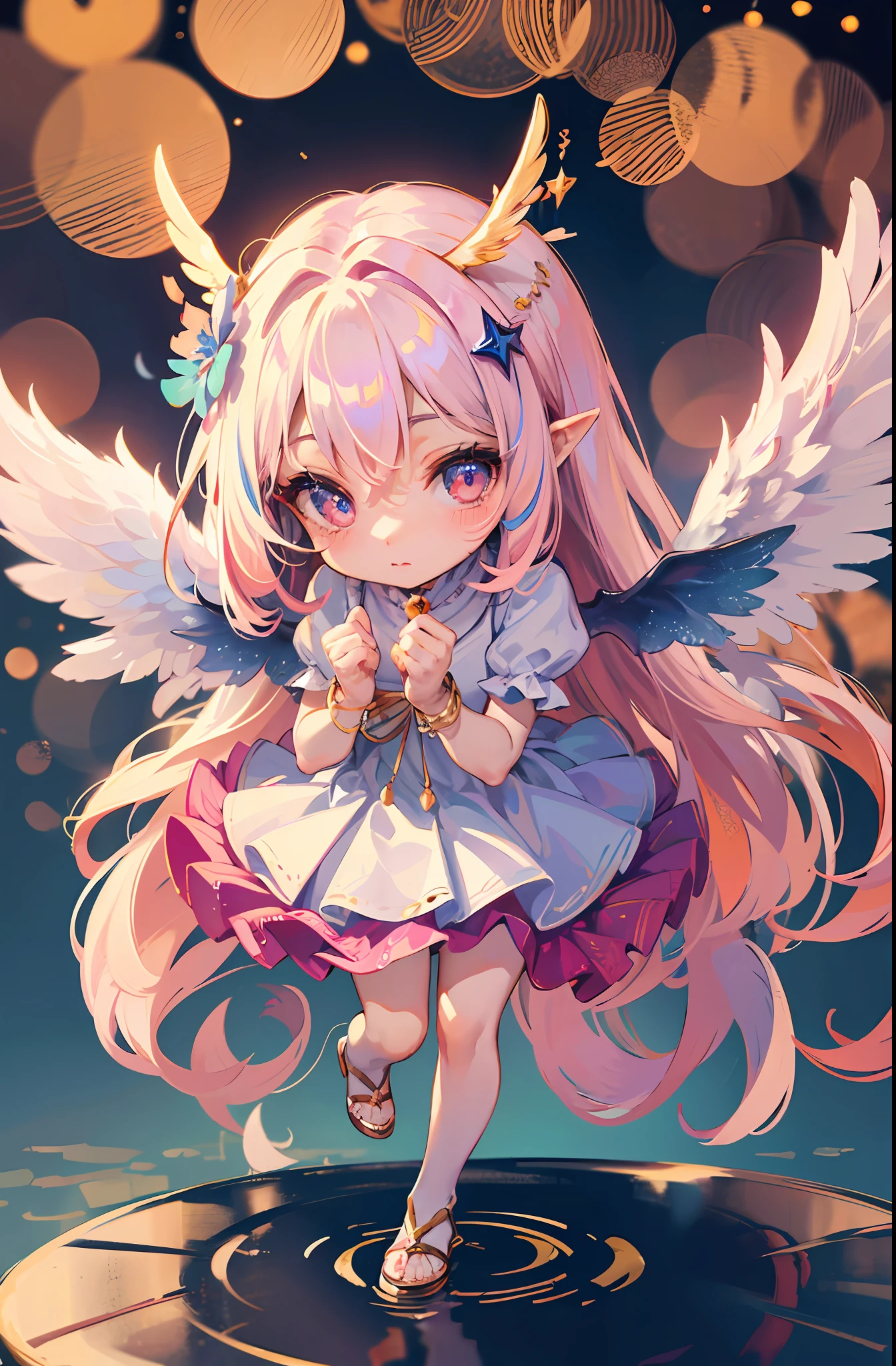 (Chibi: 1.2), (Masterpiece: 1.4), (Best Quality: 1.4), (Very Cute Angel Girl, Super Detailed Face, Jewel-like Eyes, White Very Long Hair, Colorful Gradient Hair: 1.4), (Angel Ring:
1.4), (Angel Wings: 1.4), (Full body, perfect 2 arms, perfect 2 legs: 1.4), (Perfect 4 fingers: 1 thumb), light, shine, bokeh, super fine
