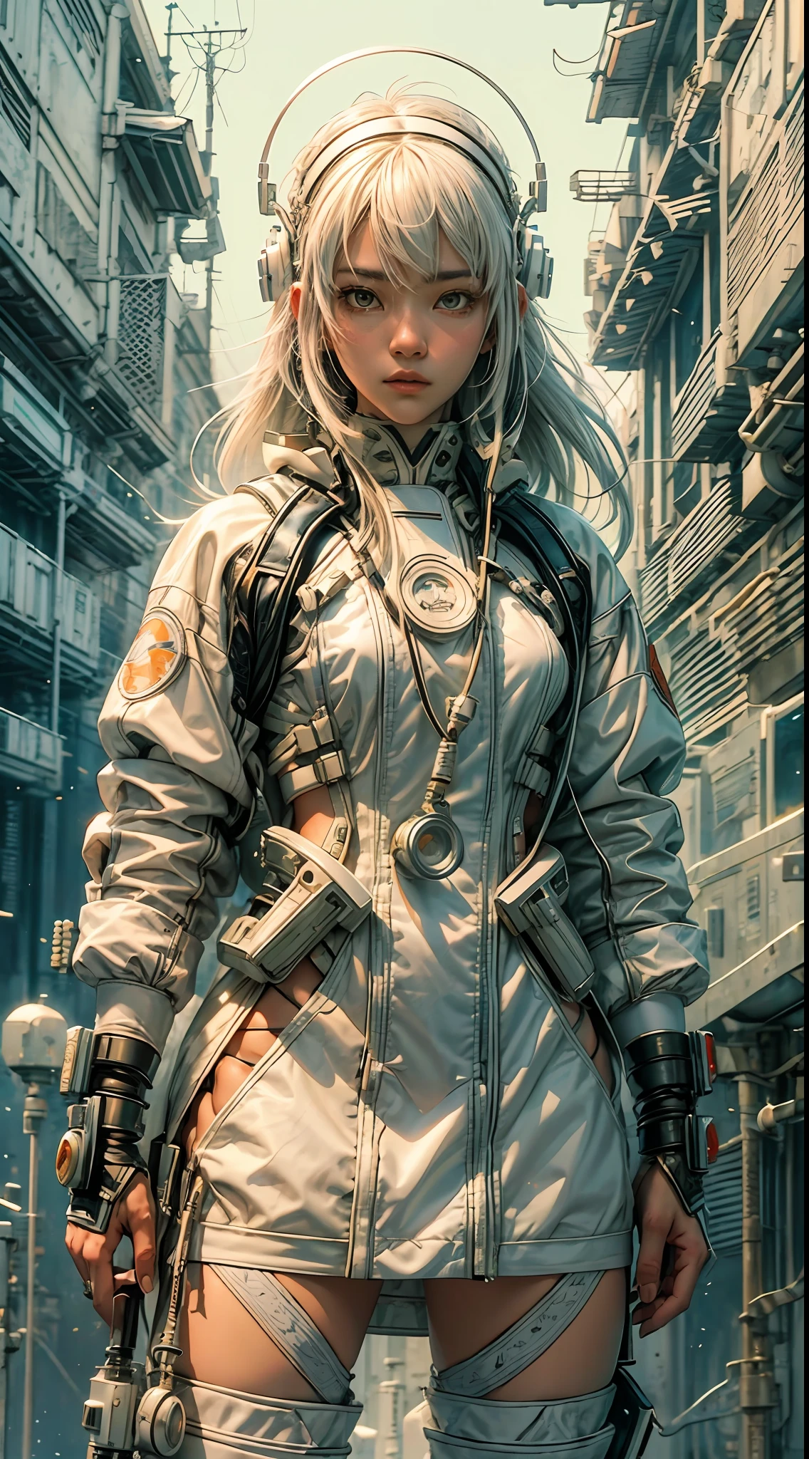 1monk warrior girl with white techwear clothes, white long hair, laces, abstract vintage scifi background, art by Moebius, art by Ashley Wood