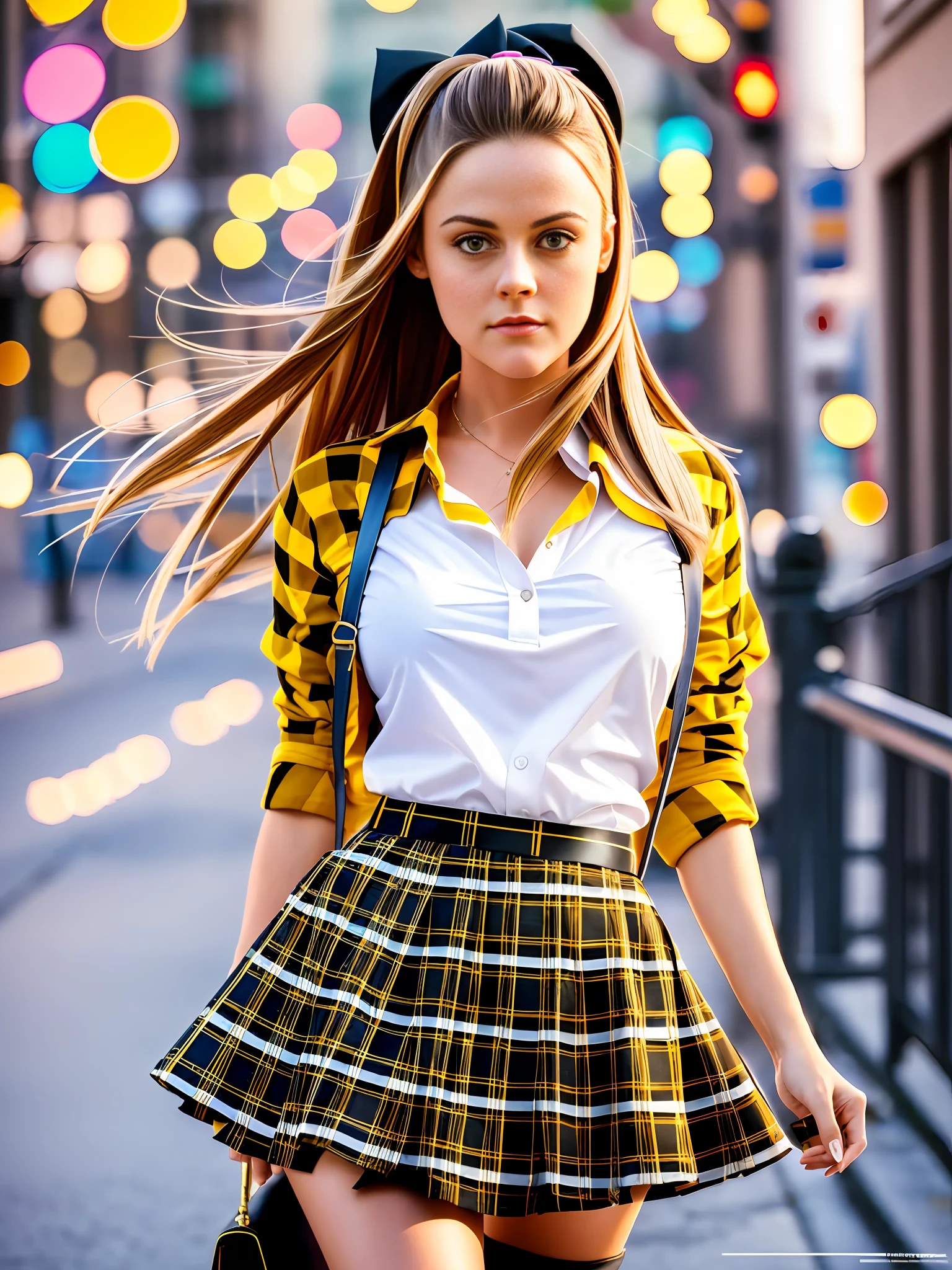 a medium body photo, Alicia Silverstone as Cher Horowitz, Clueless, yellow and black plaid outfit, round skirt, high-school, style of (Steve McCurry), Nikon Z FX device, EF 70mm lens, cinematic lighting, long exposure style, long shot type, vibrant color scene, realistic photo, intricate, beautiful face, ultra detailed face, perfect body, full body, perfect,  realistic, highly detailed, Art Station, trend, realistic face, realistic skin, detailed eyes, great art, ultra realistic render n-9, 4K, 8K, 16K, 20K, HDR, UHD, 64K, Perfect Luminance, hyper realistic, symmetrical face, Bokeh, High-resolution scanning, professional photography