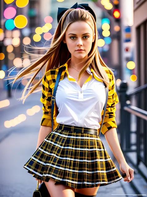 a medium body photo, Alicia Silverstone as Cher Horowitz, Clueless, yellow and black plaid outfit, round skirt, high-school, style of (Steve McCurry), Nikon Z FX device, EF 70mm lens, cinematic lighting, long exposure style, long shot type, vibrant color s...