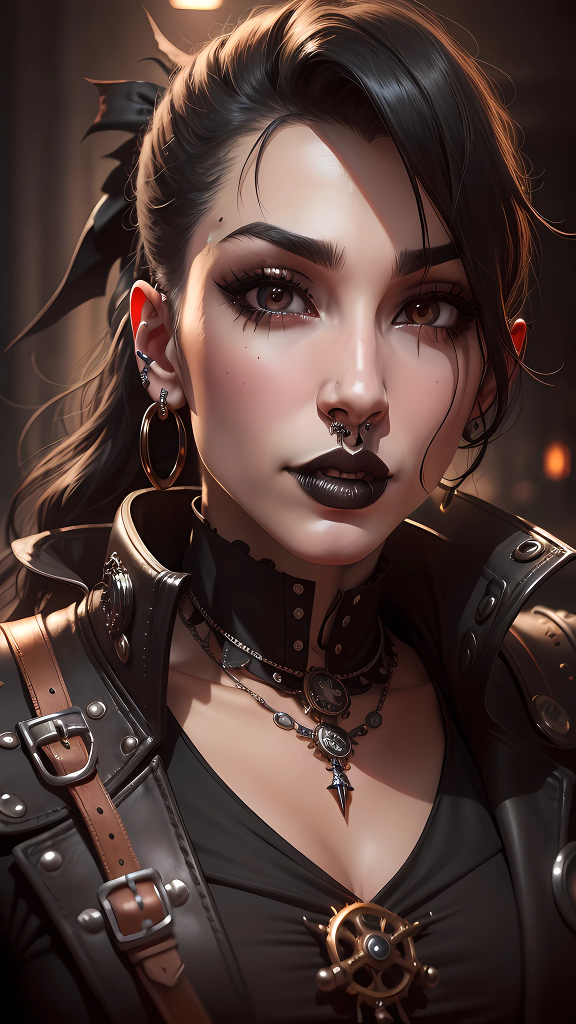 Black left lip piercing, black nose septum piercing, 8K, (steampunk style vampire)), ultrarealistic, flawless details --auto --s2