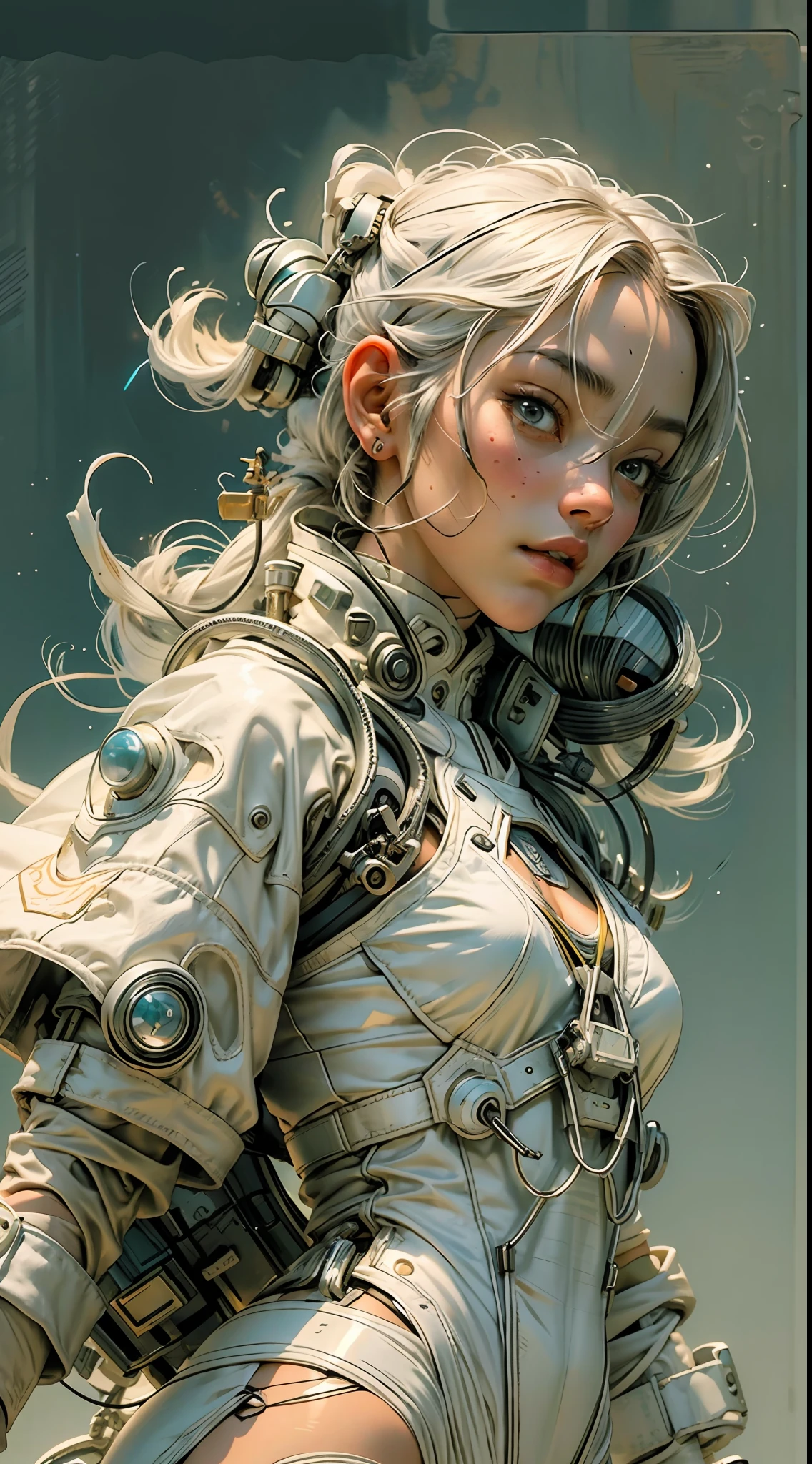 1 穿著白色科技服的武士女孩, 白色長髮, 鞋帶, 抽象复古科幻背景, Moebius 的艺术作品, 阿什利·伍德的藝術作品