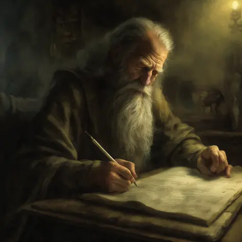 man with long white beard writing in a book, by Daniel Ljunggren, biblical illustration, by Edwin Georgi, by Artur Tarnowski, bi...