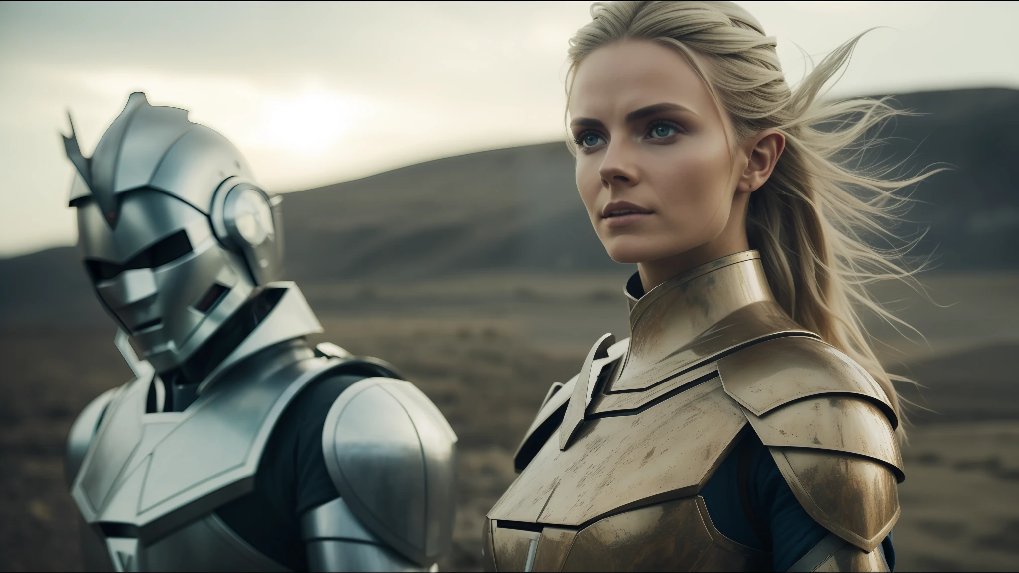 there is a woman in armor next to a robot, inspired by Nína Tryggvadóttir, vfx photo, beauty campaign, brown armor, elven blonde warrior, portrait of Nordic girl, shot with anamorphic lenses, closeup of vfx film, promotional photo