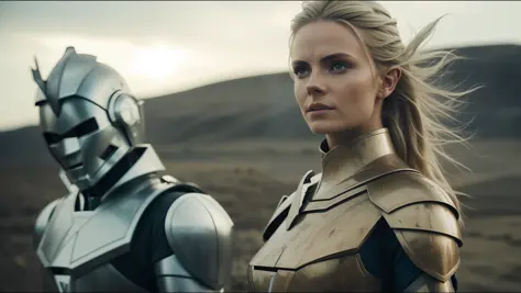 there is a woman in armor next to a robot, inspired by Nína Tryggvadóttir, vfx photo, beauty campaign, brown armor, elven blonde...