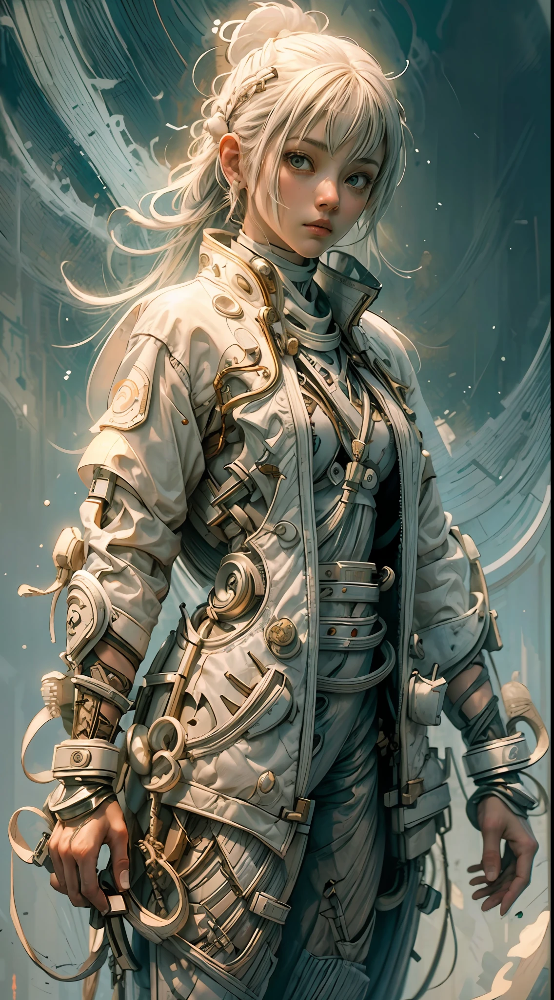 1 chica guerrera monje con ropa técnica blanca, pelo largo blanco, cordones, fondo abstracto de ciencia ficción vintage, arte de Moebius, arte de Ashley Wood