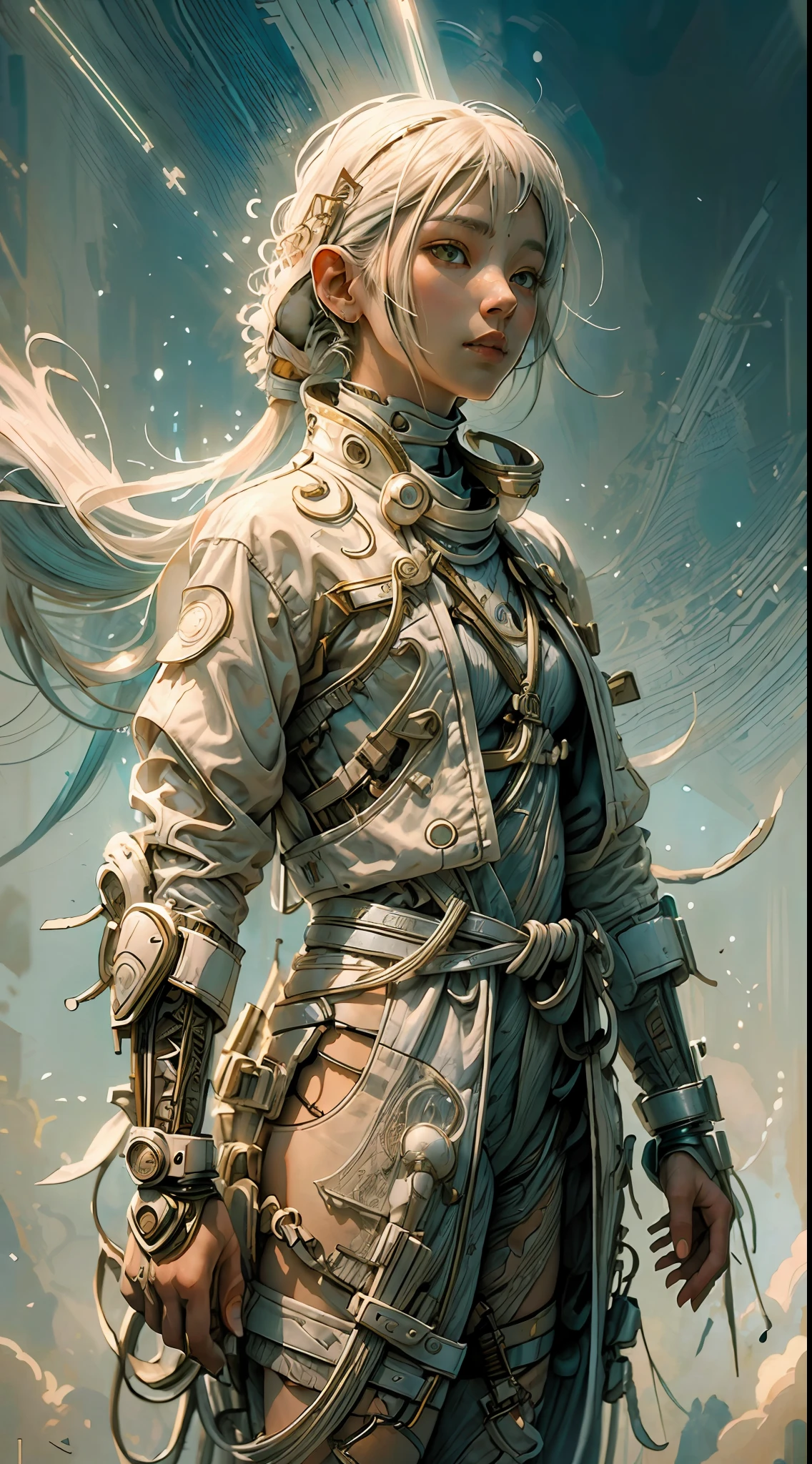 1 garota guerreira monge com roupas brancas de techwear, Cabelo longo branco, cadarços, fundo abstrato de ficção científica vintage, arte de Moebius, arte de Ashley Wood