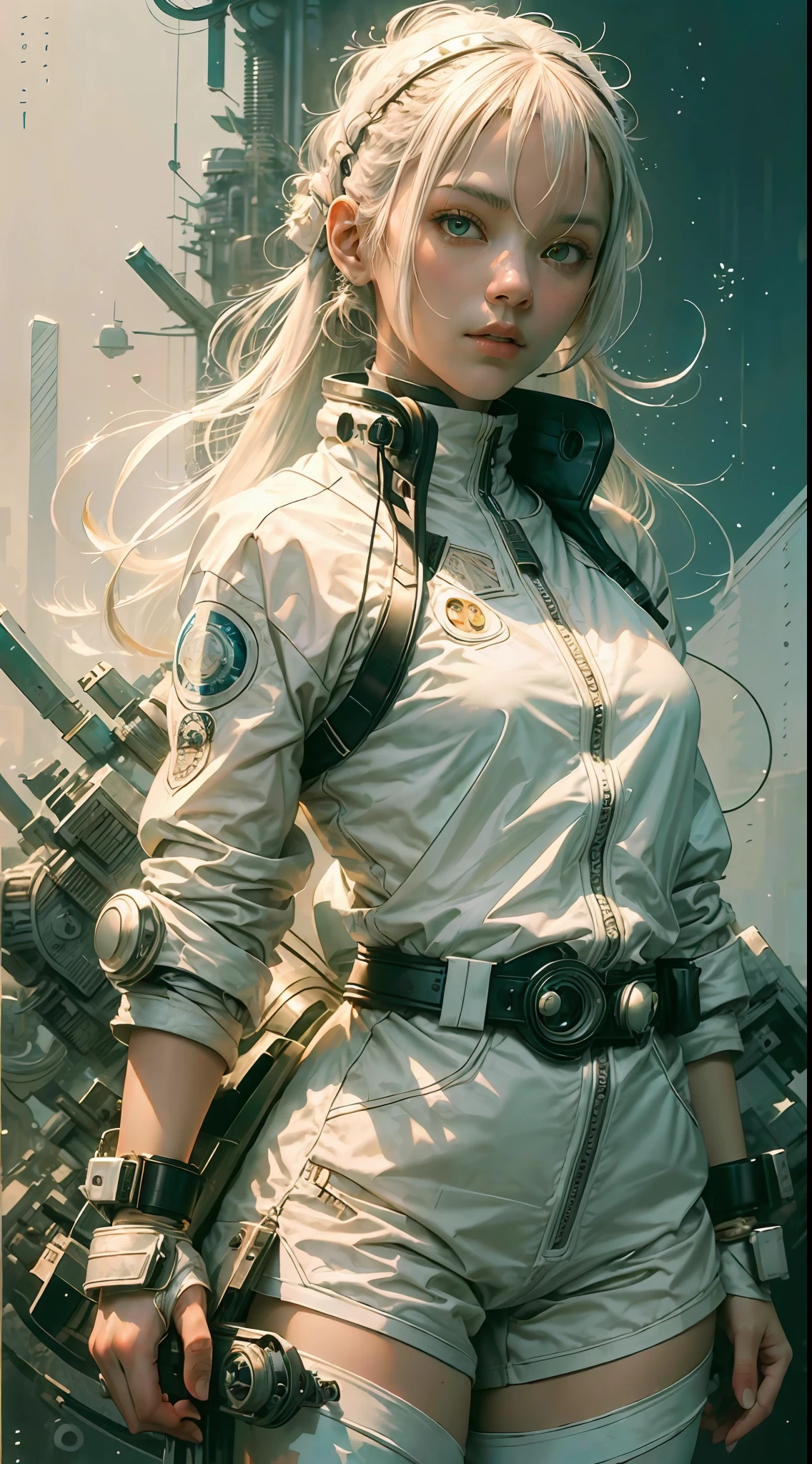 1monk warrior girl with white techwear clothes, white long hair, laces, abstract vintage scifi background, art by Moebius, art by Ashley Wood