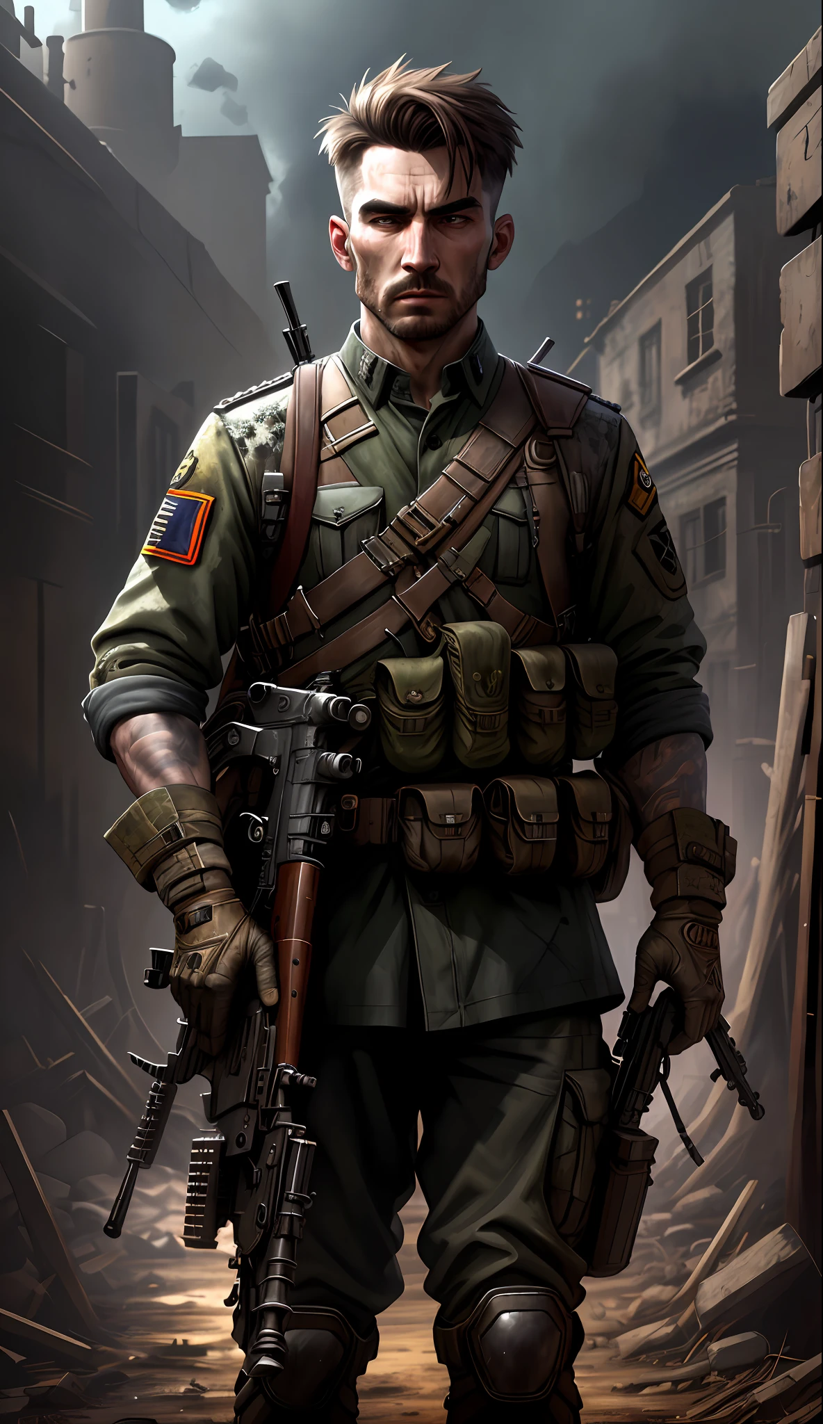 Soldat mit dunkler Uniform und Gewehr, Ruinierter Hintergrund, realistisch, stilvoll, Rutkowski, HDR, komplizierte Details, hyperdetailliert, filmisch, Felgenlicht, Gefahrenatmosphäre