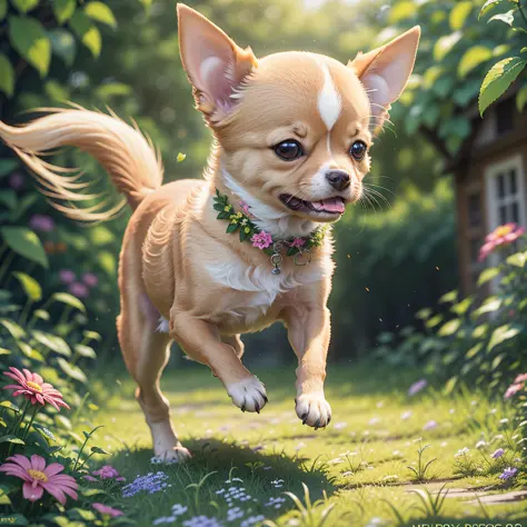 A cute and happy chihuahua puppy running through a wide garden, leafy trees and colorful flowers, meadow, happy, happy, perfect ...