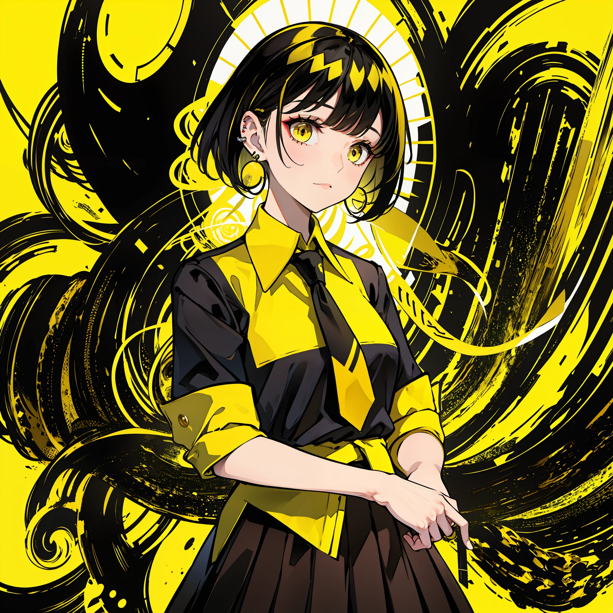 girl in school uniform with black and yellow hair standing in front of yellow background, 1girl, solo, yellow background, short hair, skirt, shirt, black hair, necktie, simple background, white shirt, yellow eyes, black necktie, jewelry, pleated skirt, from side, short sleeves, earrings, collared shirt, shirt tucked in,lam \(ramdayo\)