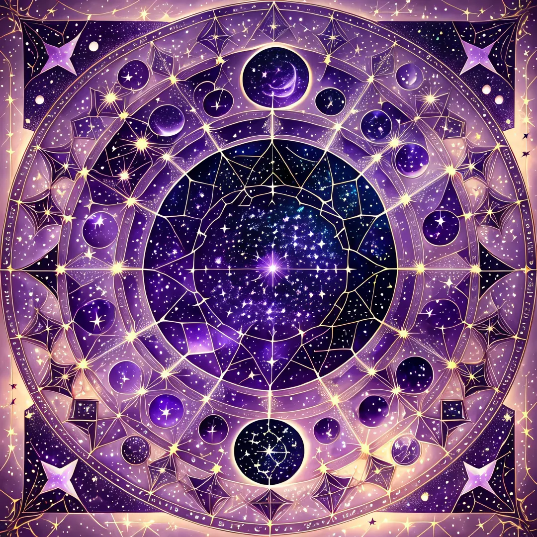 zodiac constellations, starry sky, colors in shades of purple, drawing constellations, nebula --auto --s2