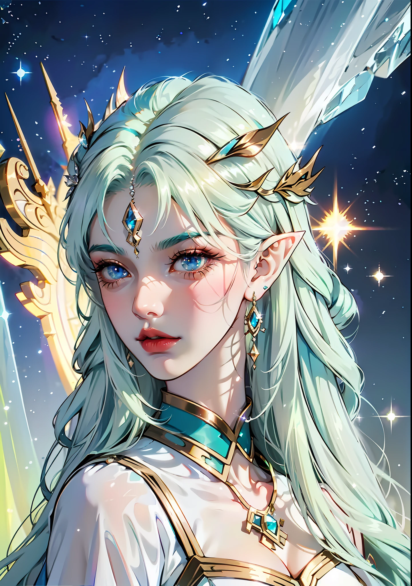 1girl, elf ears, elven princess, green hair, gradient hair, long hair, messy hair, dreadlocks, hairclip, hair ornament, jewelry, forehead jewel, hood down, star-shaped pupils, gradient eyes, aqua eyes, pointy ears, crystal earrings, serious, bright pupils, flustered, anime, anime style, anime, anime, sparkle, glowing light, reflection light, vignetting, reference sheet, from side, lens flare, ((masterpiece)), masterpiece, anatomically correct, super detail, high quality, high details, best quality, 4K, 8k, 16k, HD, UHD