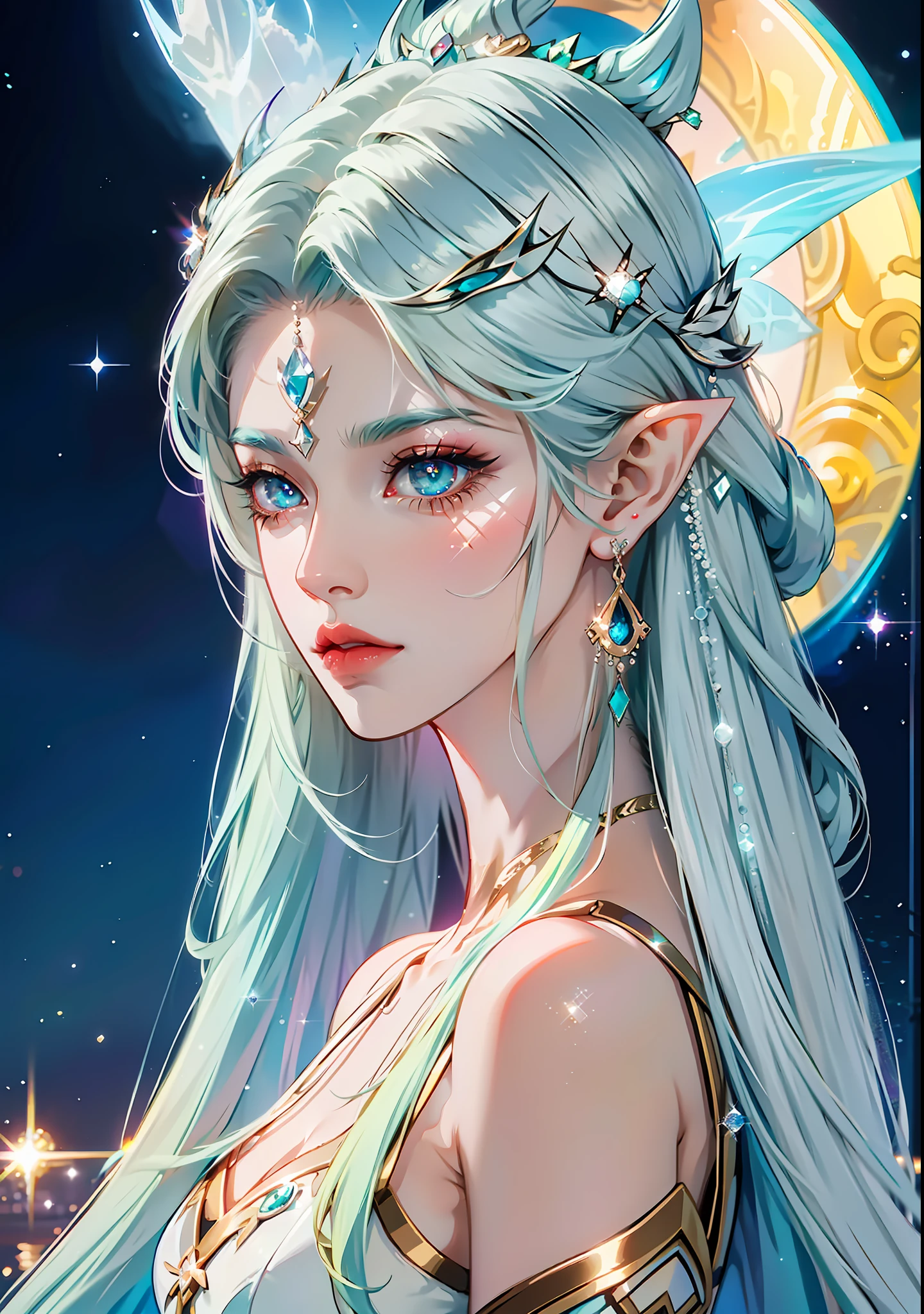 1girl, elf ears, elven princess, green hair, gradient hair, long hair, messy hair, dreadlocks, hairclip, hair ornament, jewelry, forehead jewel, hood down, star-shaped pupils, gradient eyes, aqua eyes, pointy ears, crystal earrings, serious, bright pupils, flustered, anime, anime style, anime, anime, sparkle, glowing light, reflection light, vignetting, reference sheet, from side, lens flare, ((masterpiece)), masterpiece, anatomically correct, super detail, high quality, high details, best quality, 4K, 8k, 16k, HD, UHD