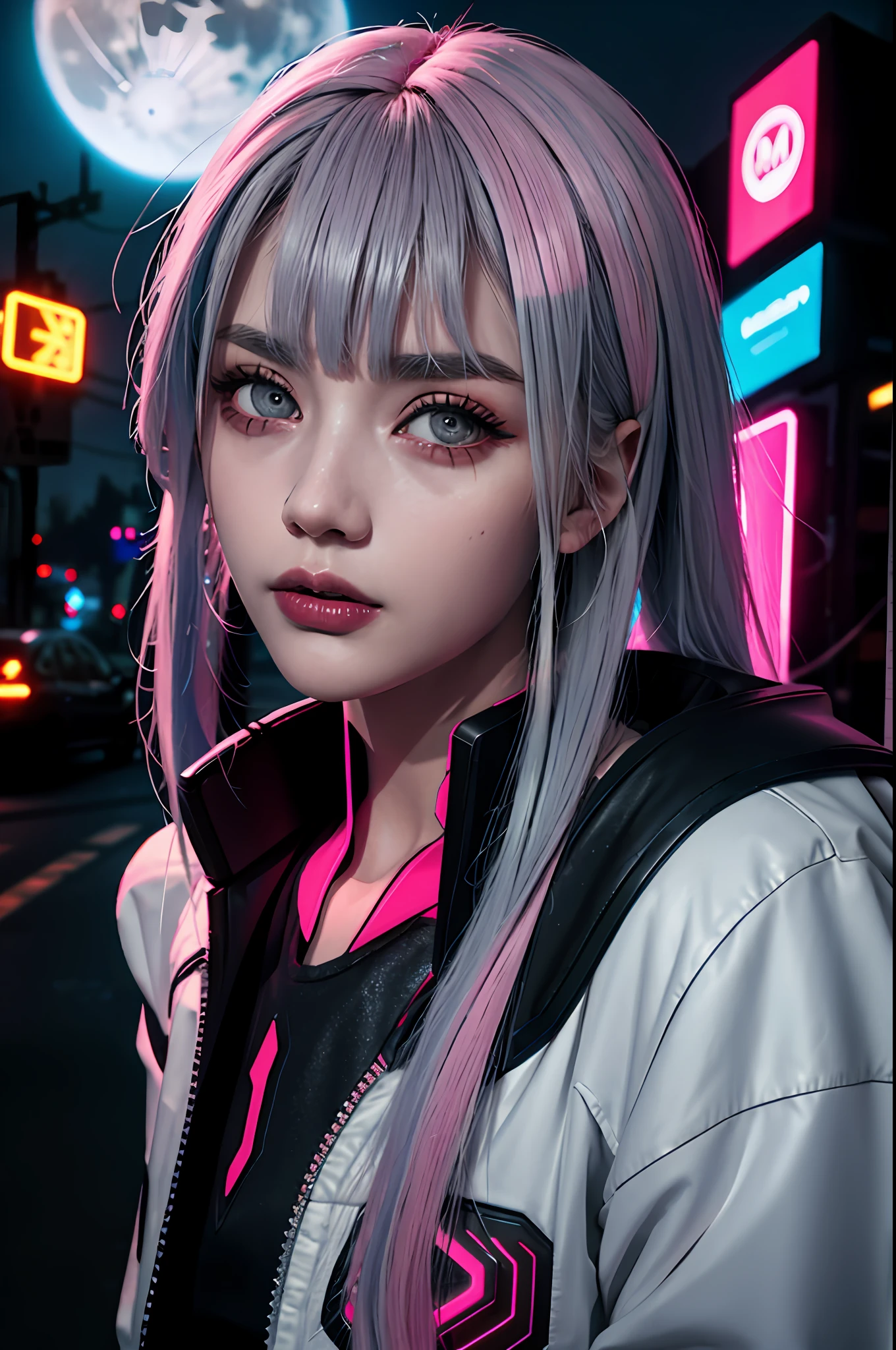 lucy \(cyberpunk\), 1girl, hair scrunchie, hime cut, silver hair, colored tips, full moon, grey eyes, jacket, long sleeves, looking at viewer, medium hair, multicolored hair, parted bangs, parted lips, pink hair, portrait, red eyeliner, red lips, solo, white jacket, cyberpunk \(series\), rainy night in a cyberpunk city with glowing neon lights