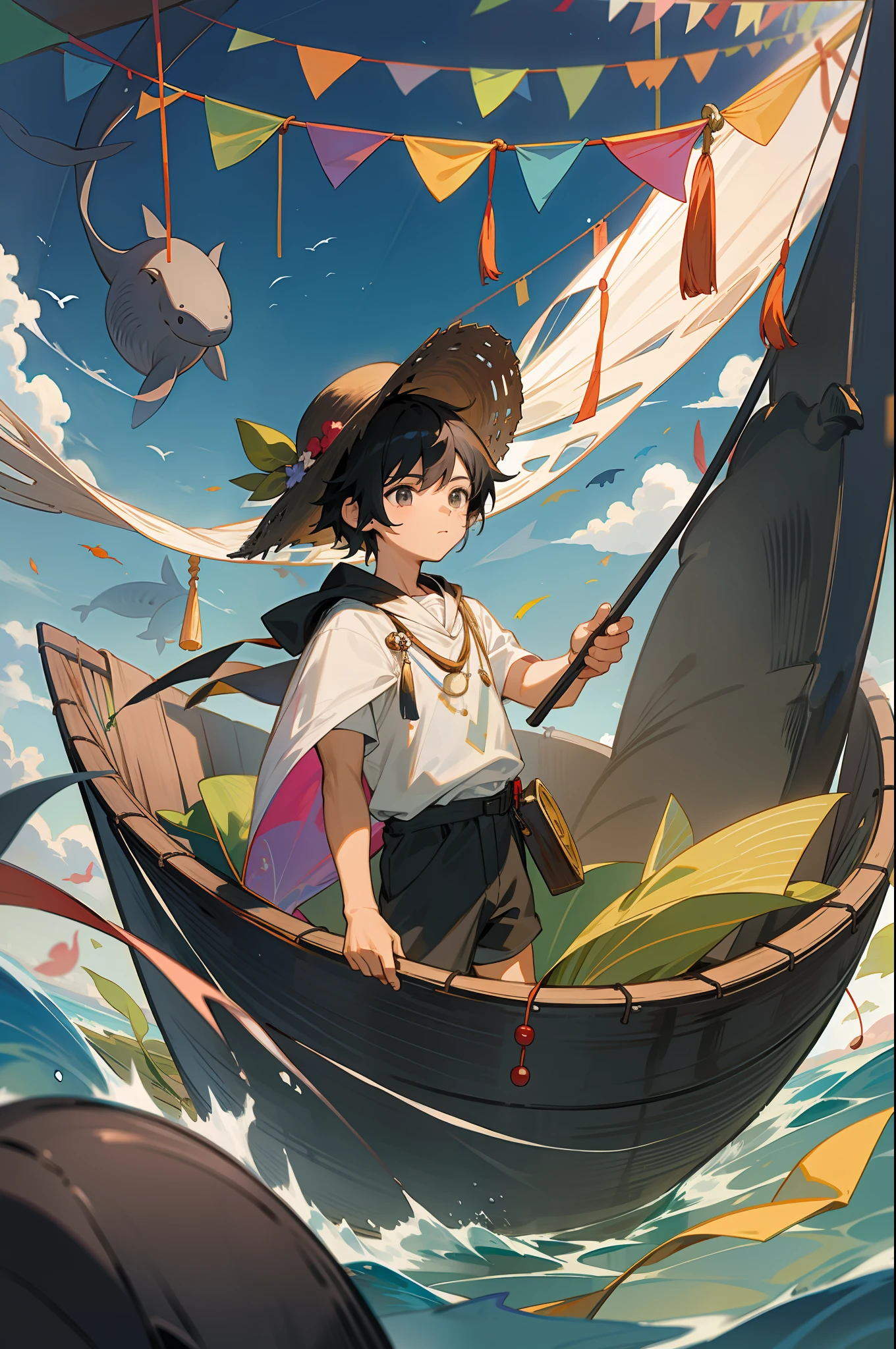 The black-haired male pupil, a little boy, short-sleeved shorts, wearing a long cape, a straw hat with two streamers and countless wind chimes, and a green flute sits on the back of a huge whale made of water, leading more fish behind him