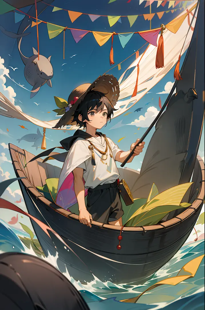 the black-haired male pupil, a little boy, short-sleeved shorts, wearing a long cape, a straw hat with two streamers and countle...