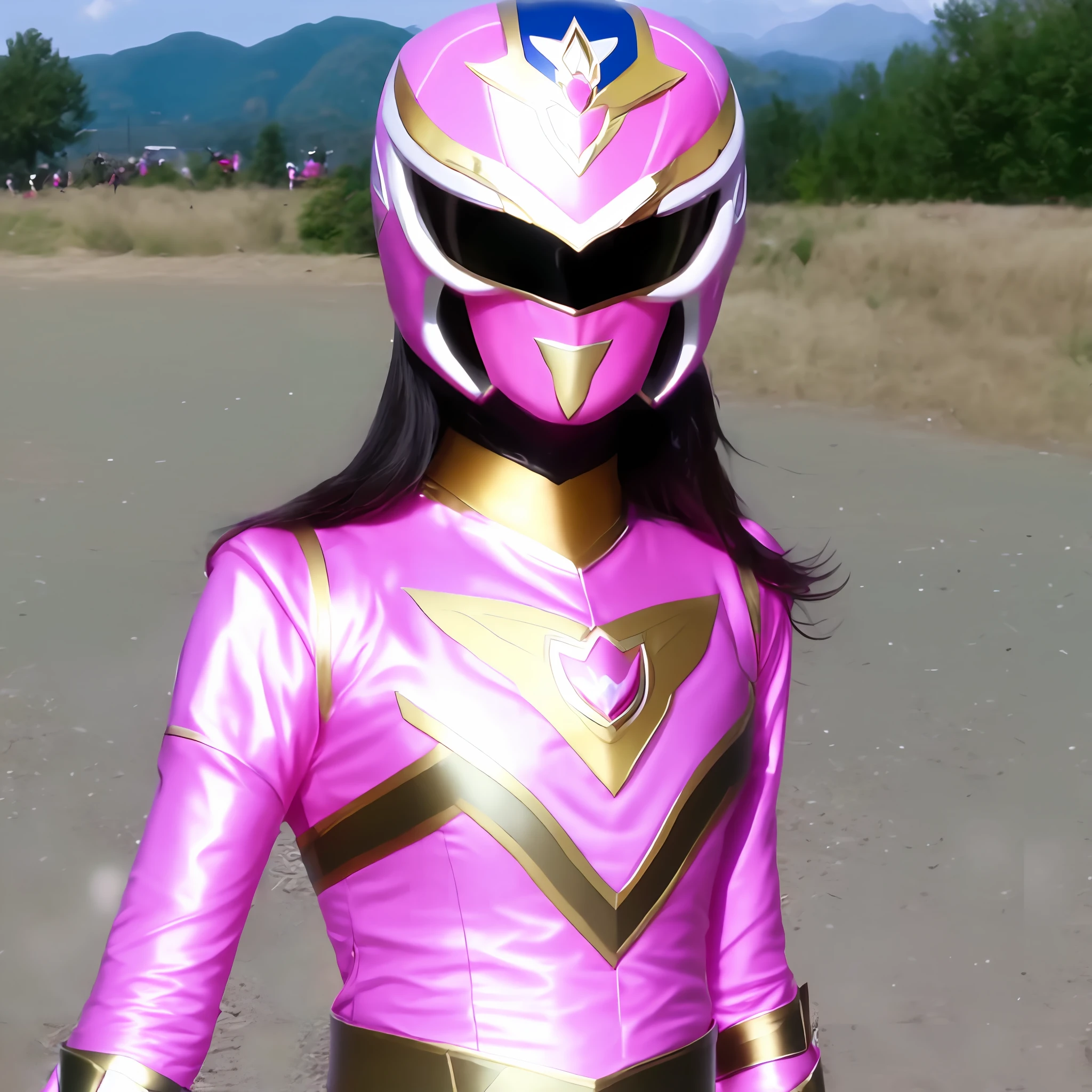 Araffe in a pink power ranger costume standing in a field - SeaArt AI