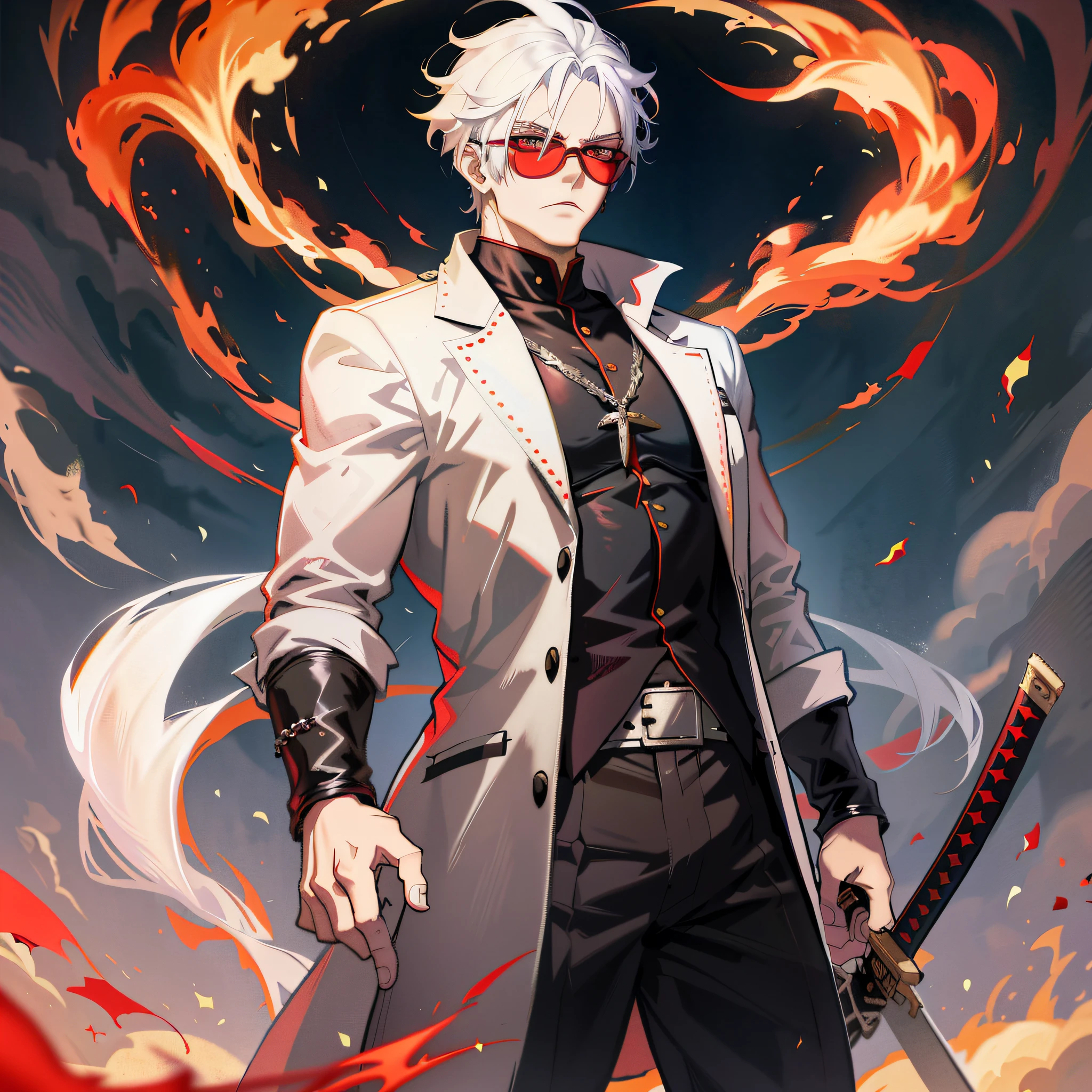 personaje de anime con pelo blanco y gafas rojas sosteniendo una espada, anime rudo 8k, chico guapo en el arte de Demon Slayer, Arte clave del anime, desencadenar estilo artístico anime, hijo de sparda, mejor fondo de pantalla de anime 4k konachan, by Yang J, tendencia en artstation pixiv, Arte Zerochan, arte oficial del personaje, arte detallado del personaje de anime