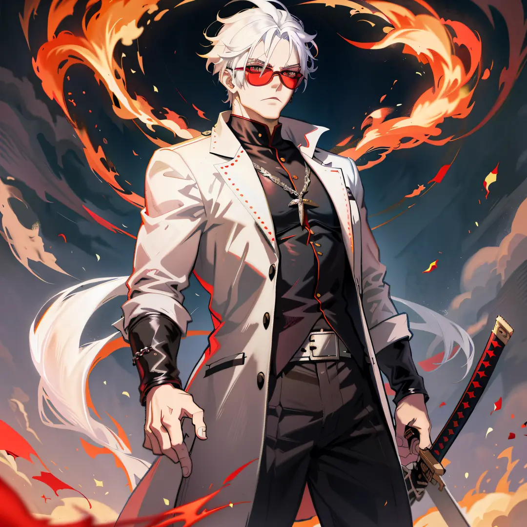 anime character with white hair and red glasses holding a sword, badass anime 8 k, handsome guy in demon slayer art, key anime a...