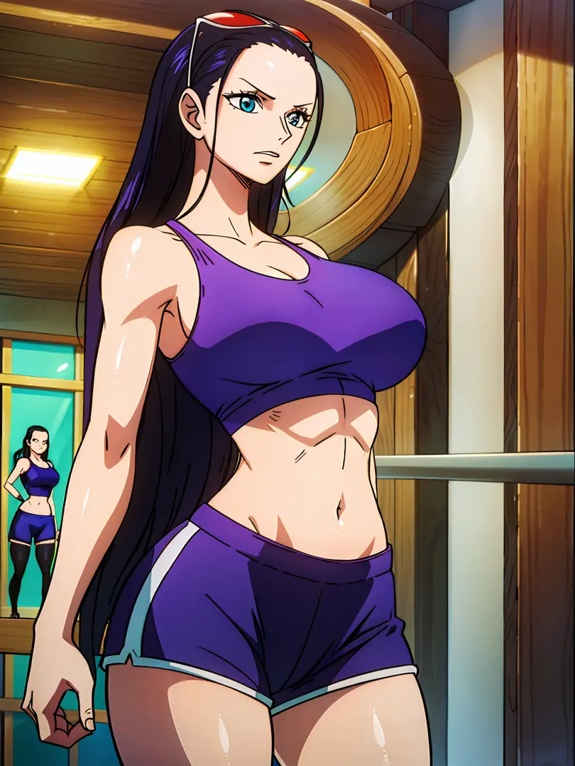 1girl, (shapely body), (solo), 30 years old,  hdr, ((sports bra and shorts)), gym, indoor, nico robin, standing, huge breasts, neutral face