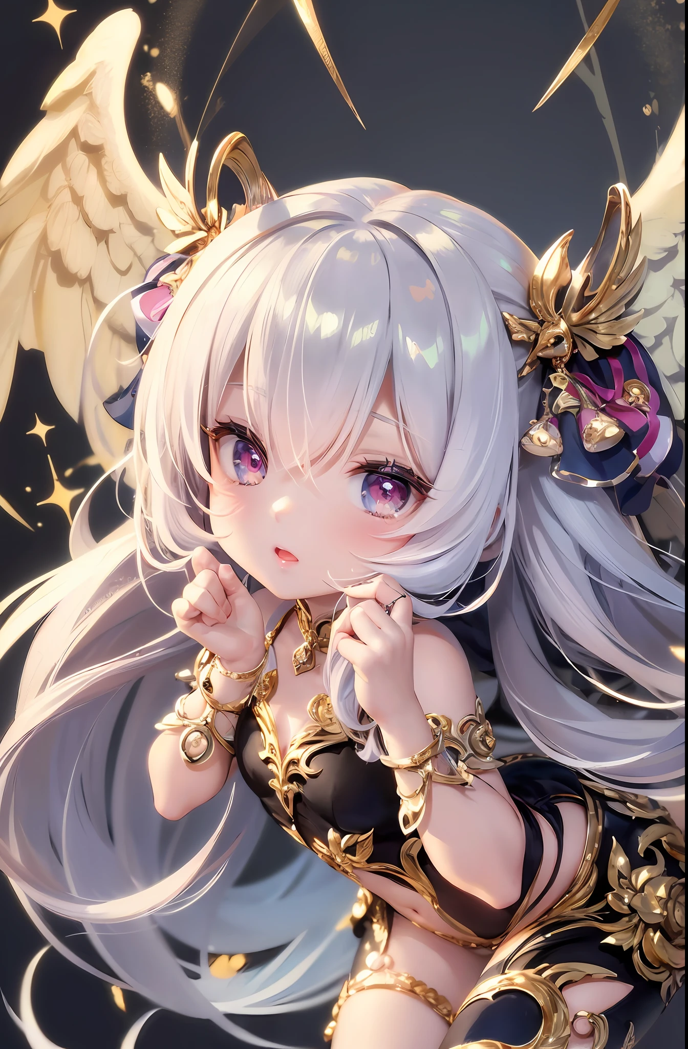 (Chibi: 1.3), (Masterpiece: 1.4), (Best Quality: 1.4), (Very cute angel girl, super detailed face, jewel-like eyes, white very long hair, colorful gradient hair: 1.4), (Angel Ring:
1.4), (Angel Wings: 1.4), (Full body, perfect 2 arms, perfect 2 legs: 1.4), (Perfect 4 fingers: 1 thumb), light, shine, bokeh, super fine